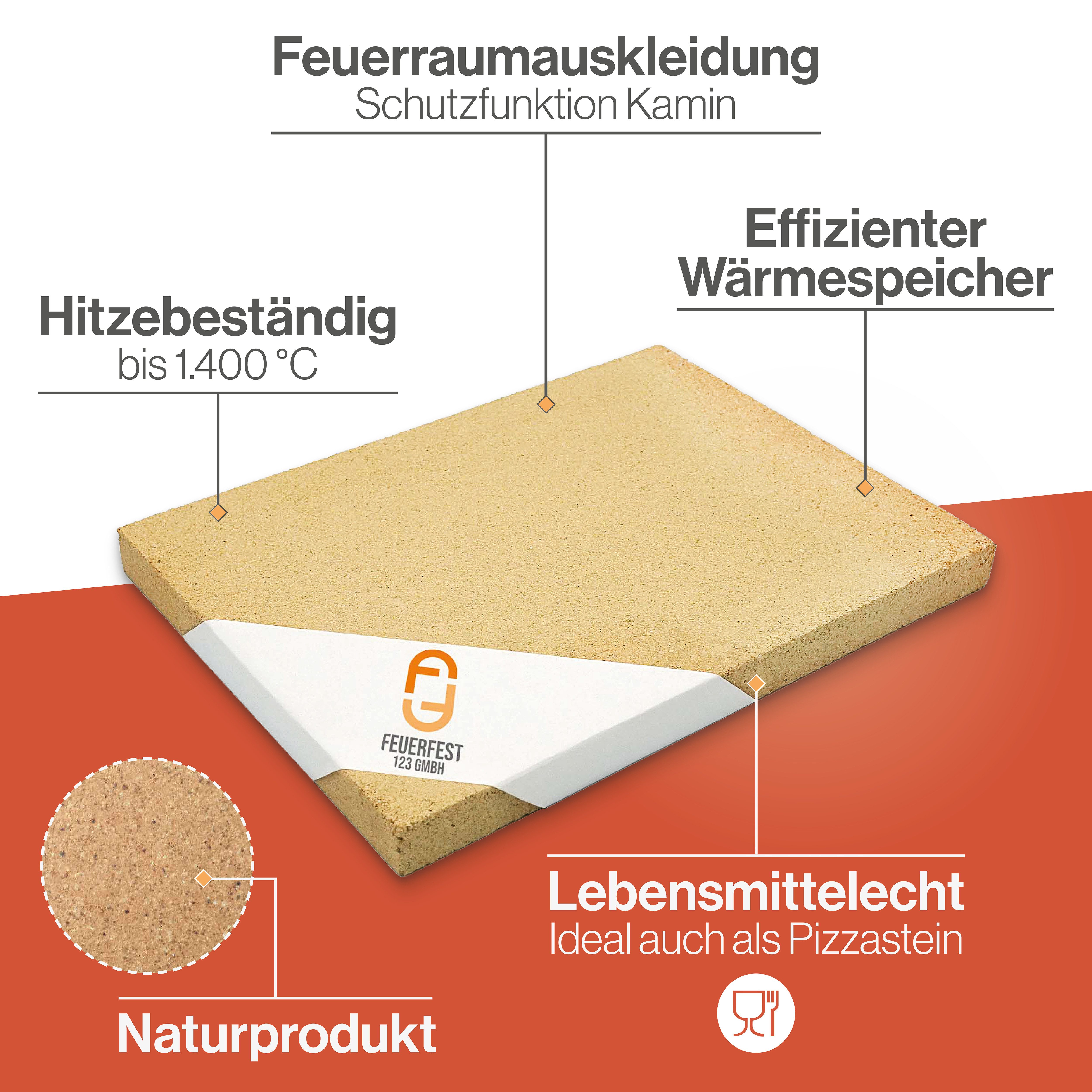 Feuerfest 123 GmbH Feuerraumplatten Schamotteplatten Schamottsteine - Für Kaminofen & Gartengrill, - Hitzebeständig bis 1.400 °C - Lebensmittelecht für Pizzaofen