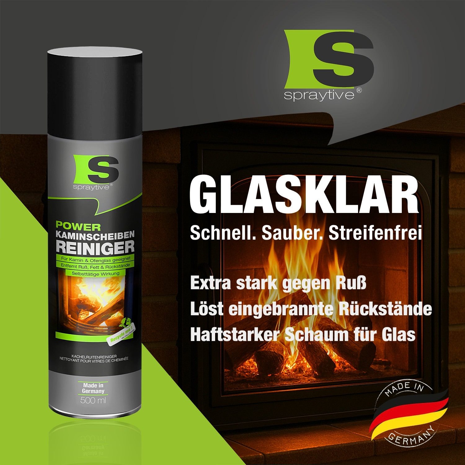 Spraytive 1 x 500ml Power Kaminscheibenreiniger – Selbsttätiger Reinigungsschaum Scheibenreiniger (Made in Germany)