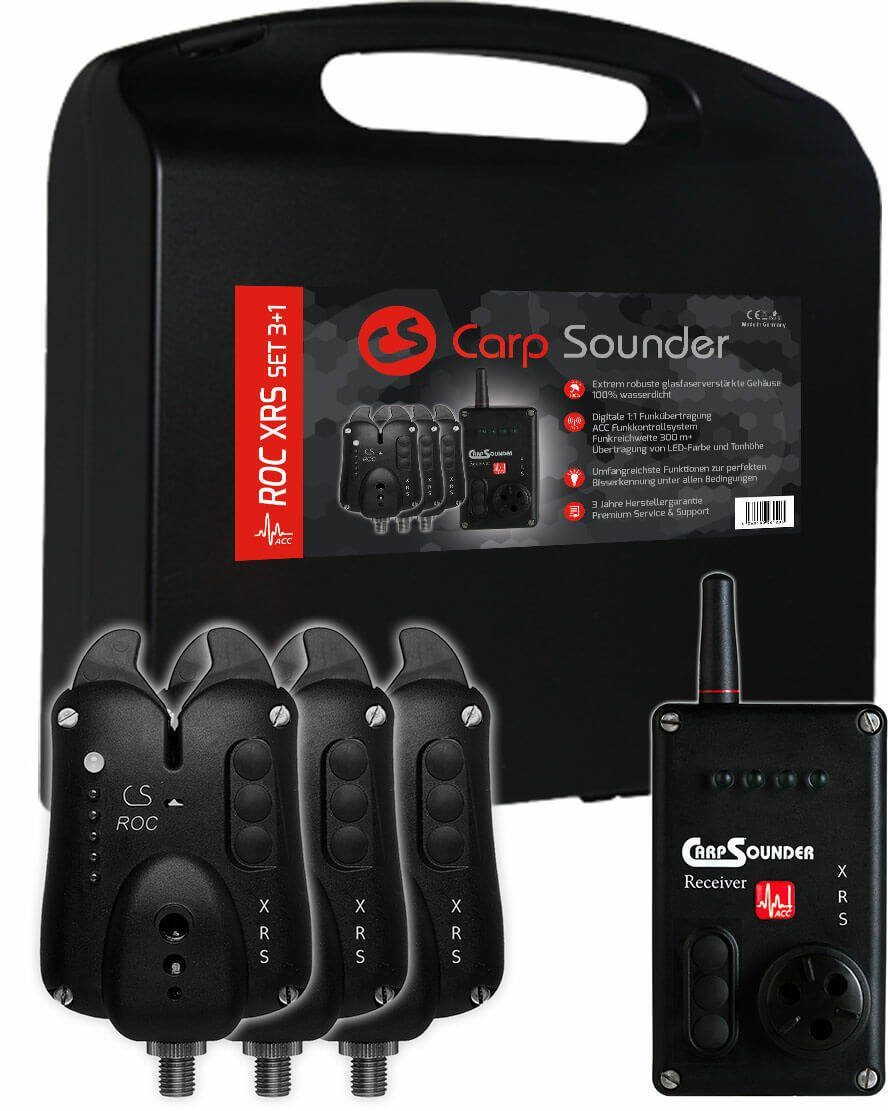 Carp Sounder elektronischer Bissanzeiger Carp Sounder ROC XRS ACC Bissanzeiger-Set 3+1 versch. Farben, (3 Bissanzeigern, 1 Receiver, Transportkoffer)