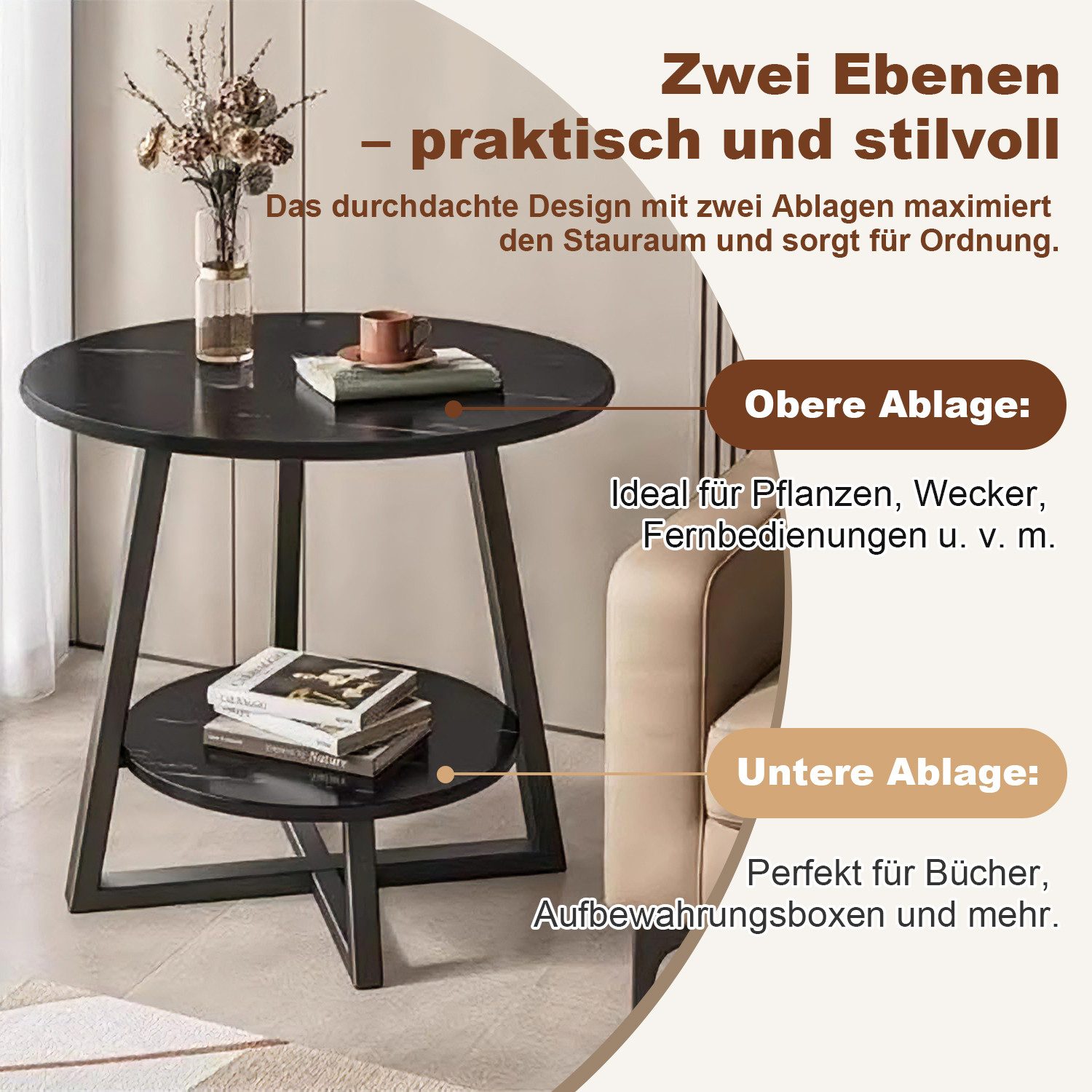 Refined Living Beistelltisch Couchtisch rund Sofatisch runde Beistelltische aus Holz & Metall (2 Ebenen Sofa Table Side Table Kaffee Couch Nachttisch Rund Schwarz, Kompakt Kollisionsschutz Moderne Kaffeetische Balkontisch Gartentisch), Mini-Tisch für Balkon, Büro, Wohnzimmer, Schlafzimmer und Eckzimmer