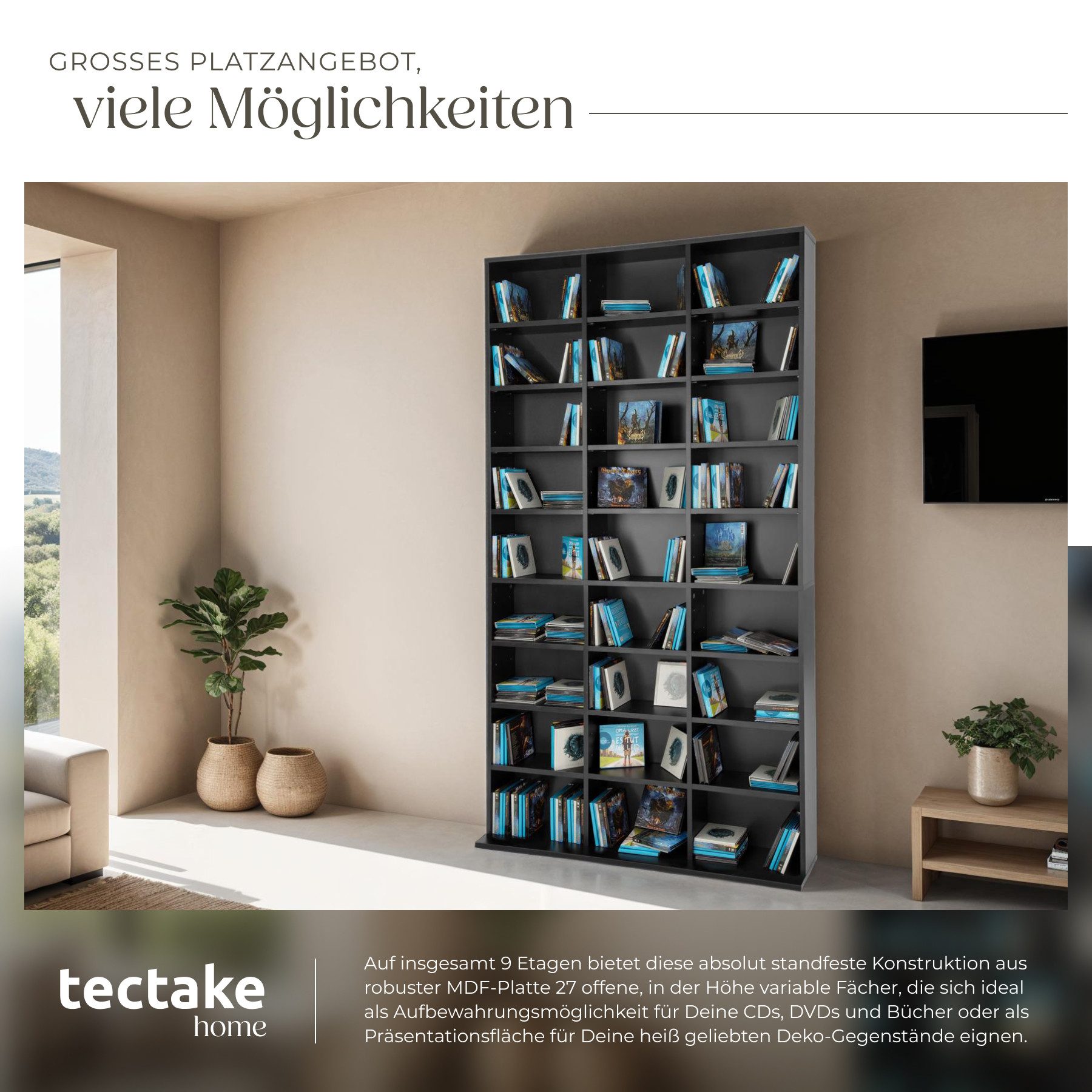 tectake CD-Regal Medienregal Christel in Holzoptik 180x102x23,5cm, Sammlerset 1-tlg., höhenverstellbare und herausnehmbare Zwischenböden