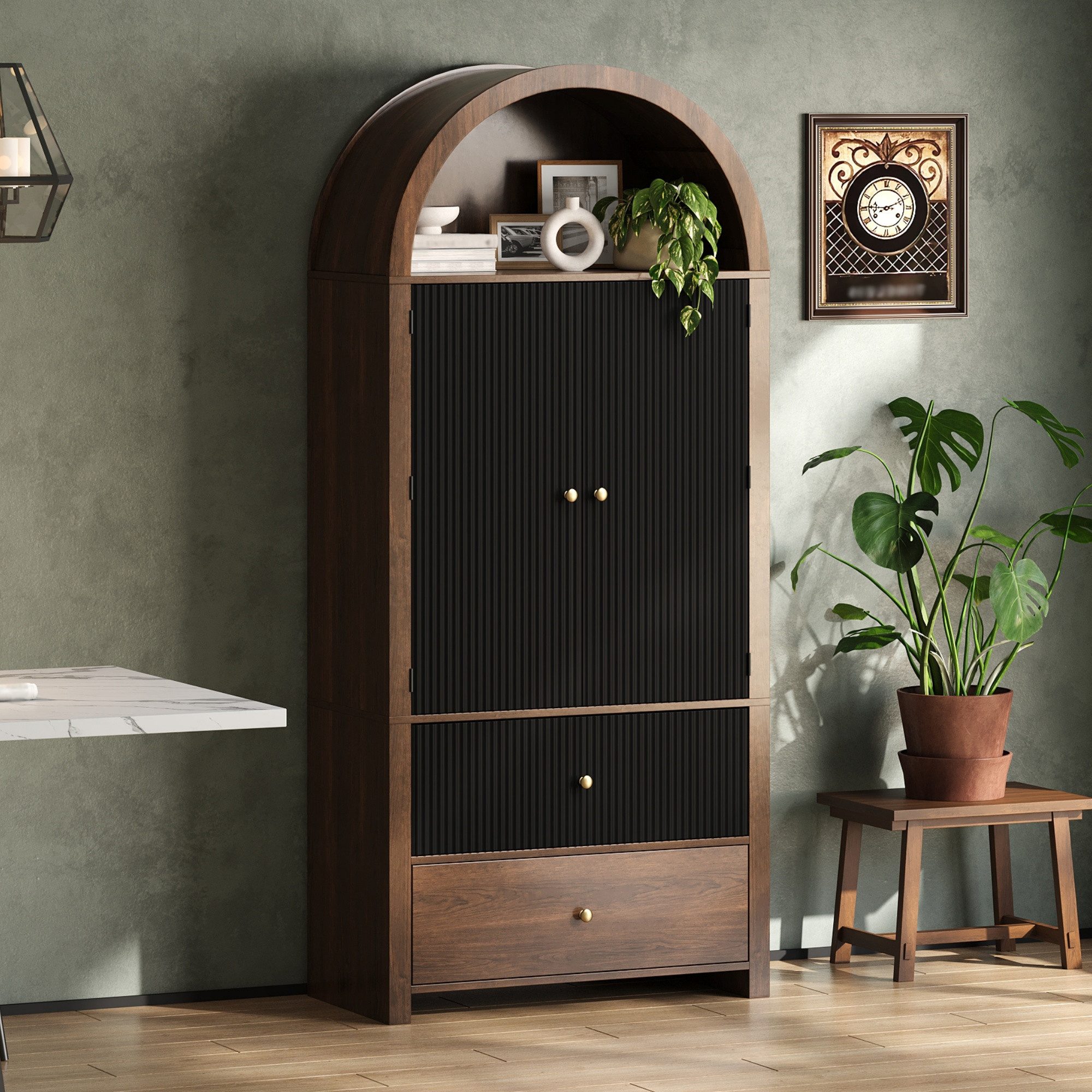 Flieks Hochschrank mit Schubladen, Türregalen und offenem Oberfach Walnussoptik (180×80×40 cm, 1-St) Bogenschrank Mehrzweckschrank Küchenschrank Highboard Küchenbuffet