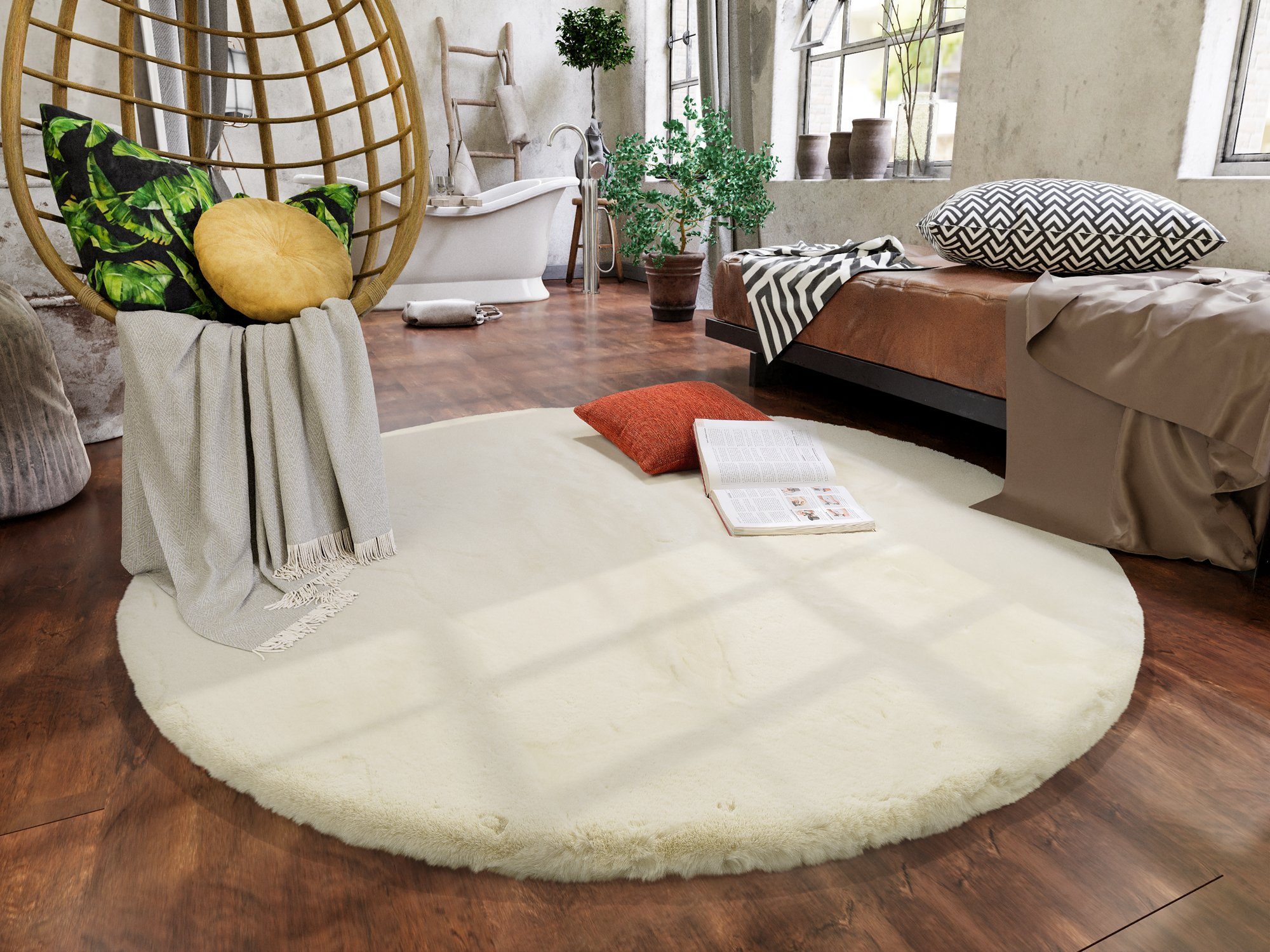 OCI DIE TEPPICHMARKE Hochflor-Teppich ALISSA, Fell Haptik, rund, Höhe: 38 mm, Kuschelig softer weicher Flor, Kaninchen Fell Haptik, getuftet