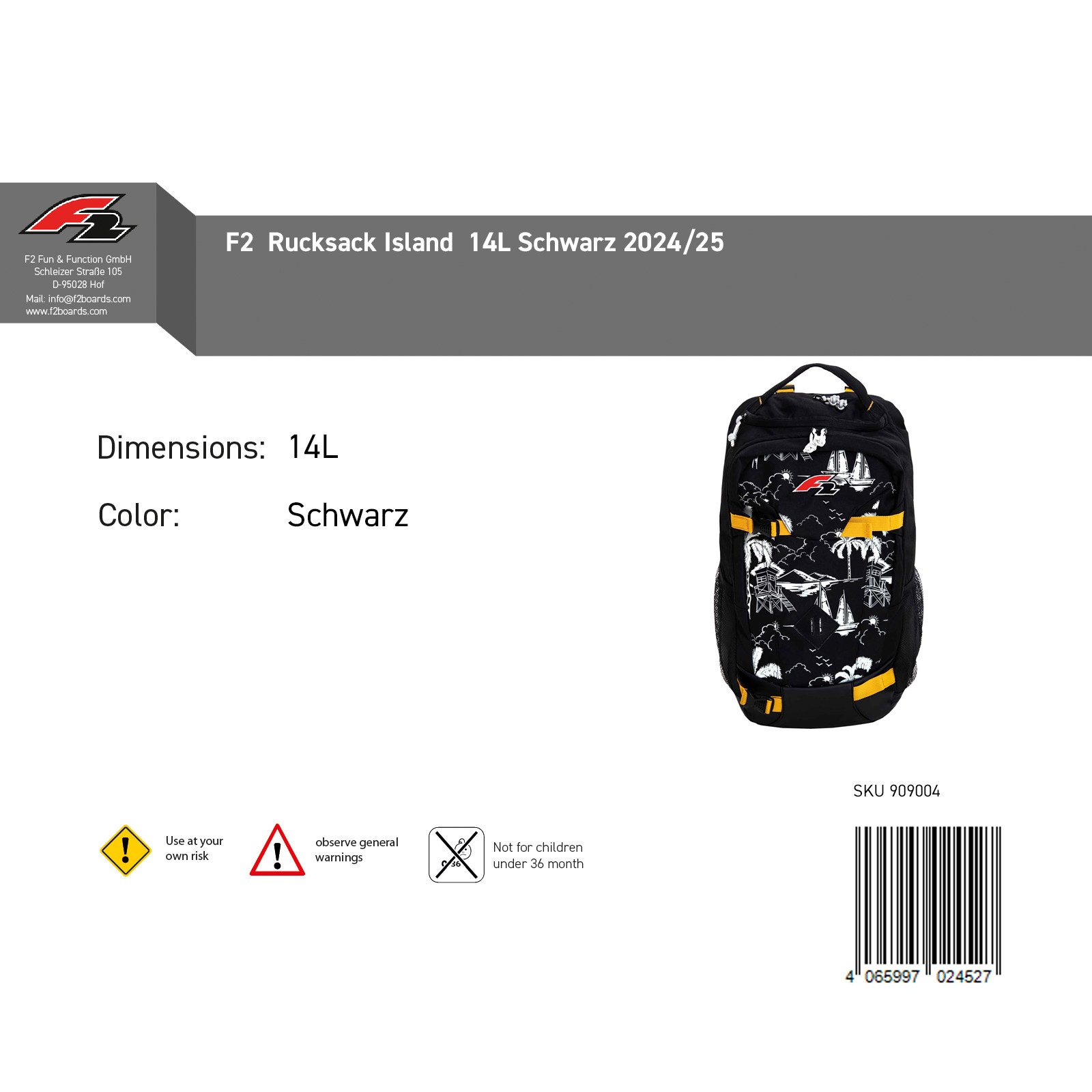 F2 Rucksack F2 Rucksack Island 14L Schwarz 2024/25