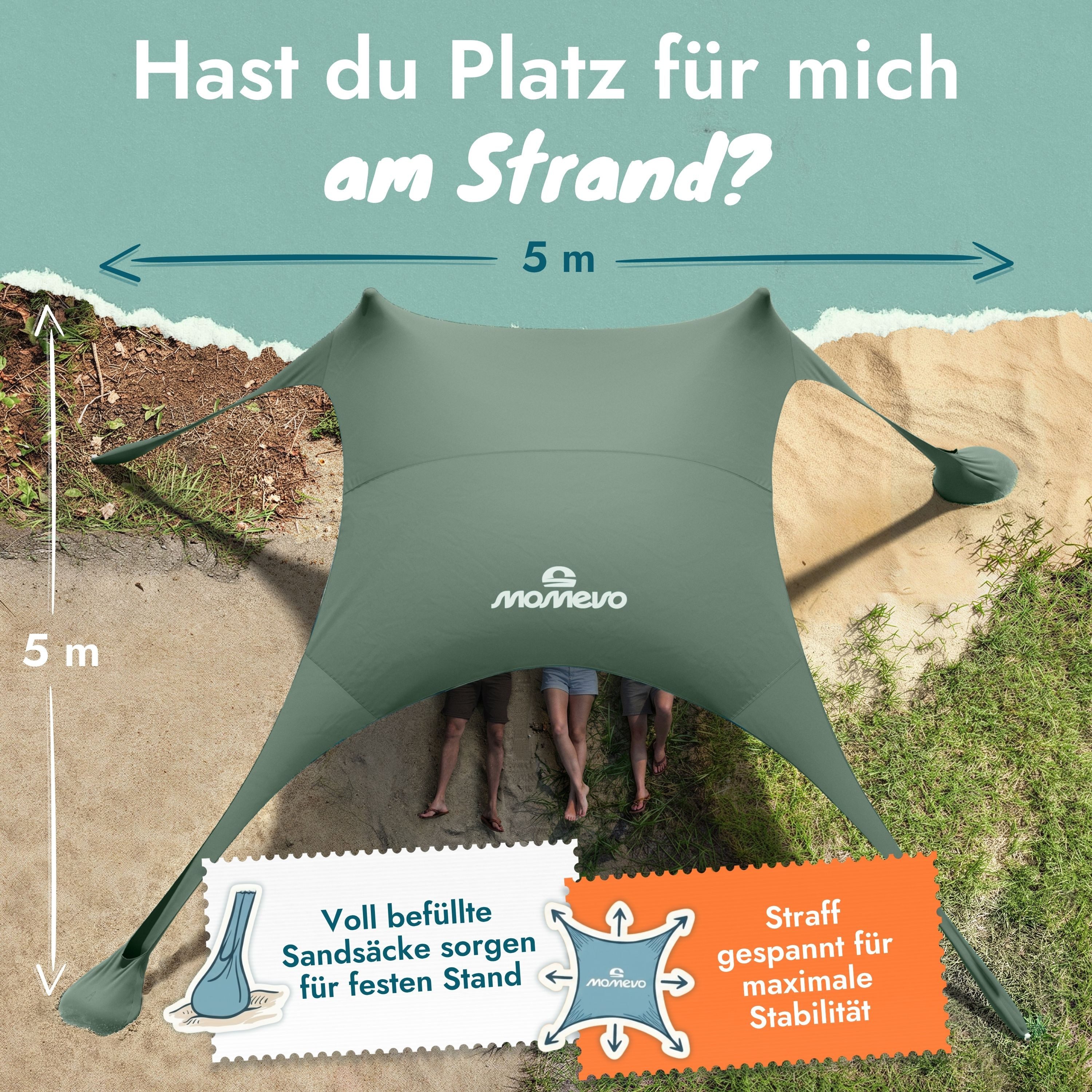 Momevo Strandmuschel Strandzelt mit UV Schutz 50+, zertifiziert für Kinder, Baby, Familien, Personen: 4