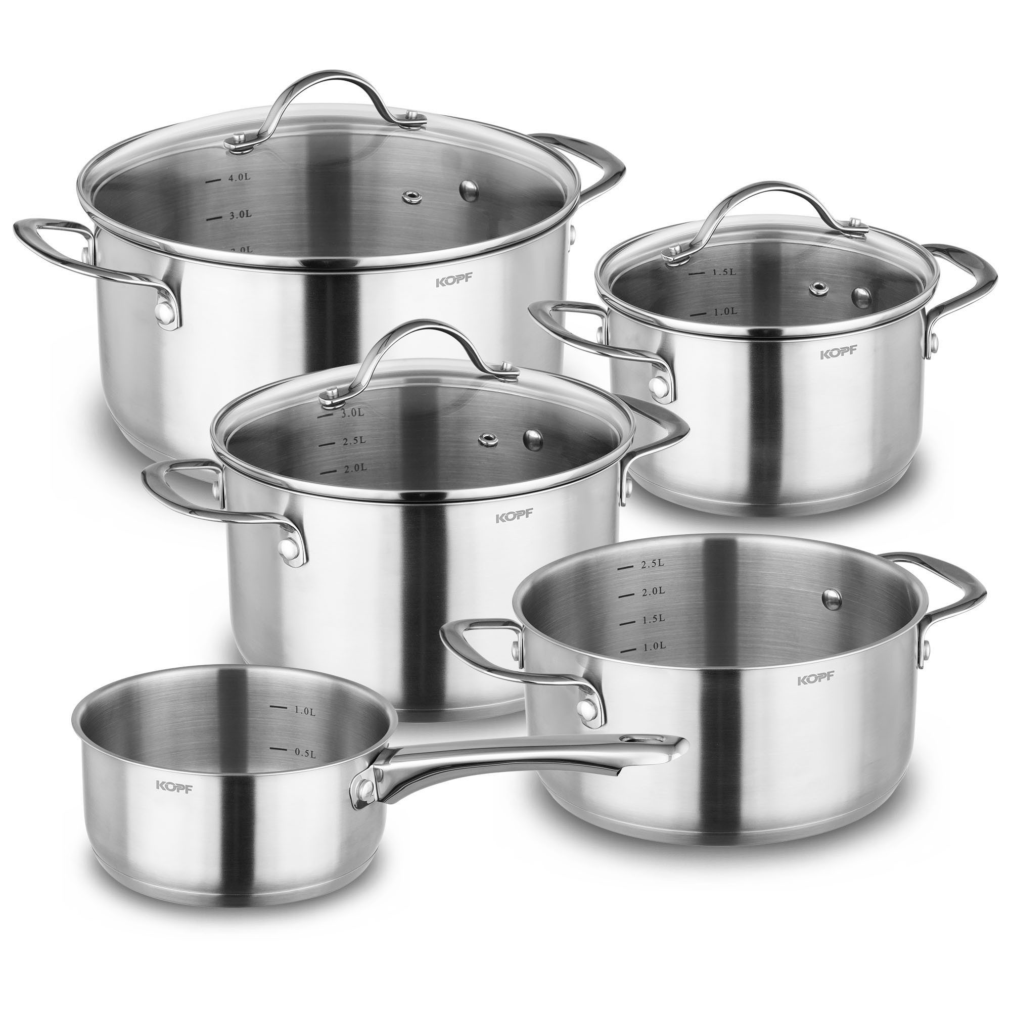 Kopf Topf-Set Clara, Edelstahl (Set, 8-tlg., 4 Kochtöpfe, Stielkasserolle, 3 Glasdeckel), Kochtopfset, Töpfe Induktion, Spülmaschinengeeignet, Backofenfest
