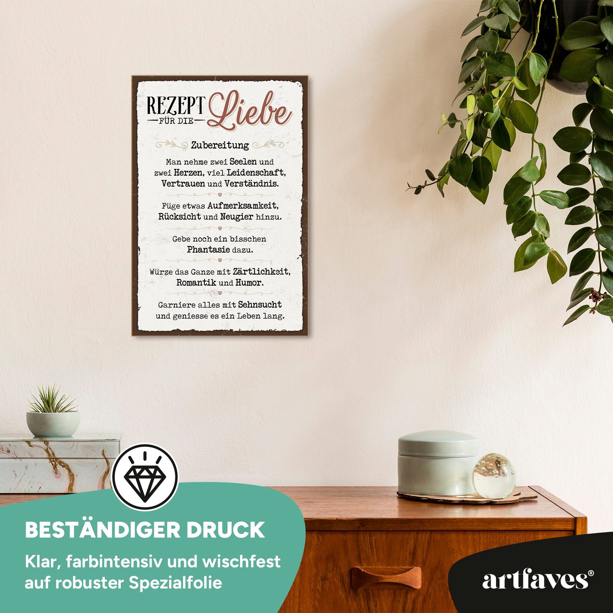 ARTFAVES Holzbild Schild mit Spruch - Rezept für die Liebe - Liebe, Familie, Freundschaf