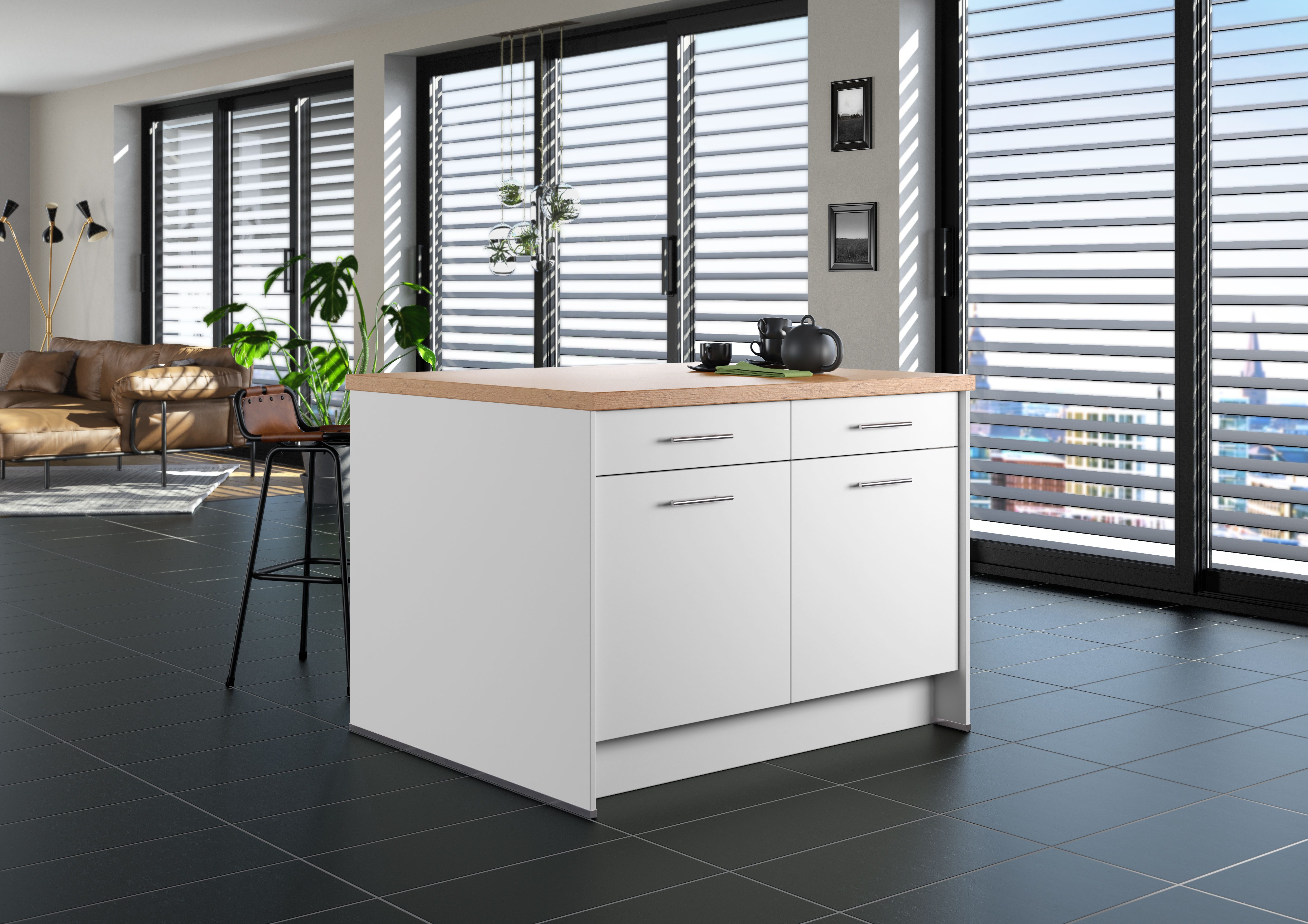 IMPULS KÜCHEN Kücheninsel Kopenhagen, flexibel stellbar, Schubkästen mit Soft-Close, (Set), vormontiert, mit integriertem Sitzplatz auf einer Seite, Breite 123 cm