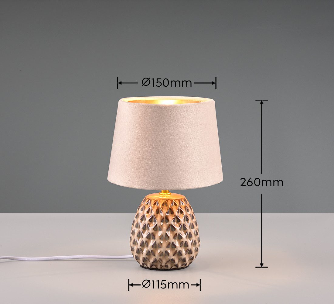Reality Leuchten Schreibtischlampe ARIANA Tischleuchte exkl 1xE14 max40W Höhe 27cm Ø 18cm Nachttischlampe, Ein-/Ausschalter, Leuchtmittel wechselbar, warmweiß - kaltweiß, Struktur Keramik Samt Schirm innen gold,Tischlampe mit Schnurschalter