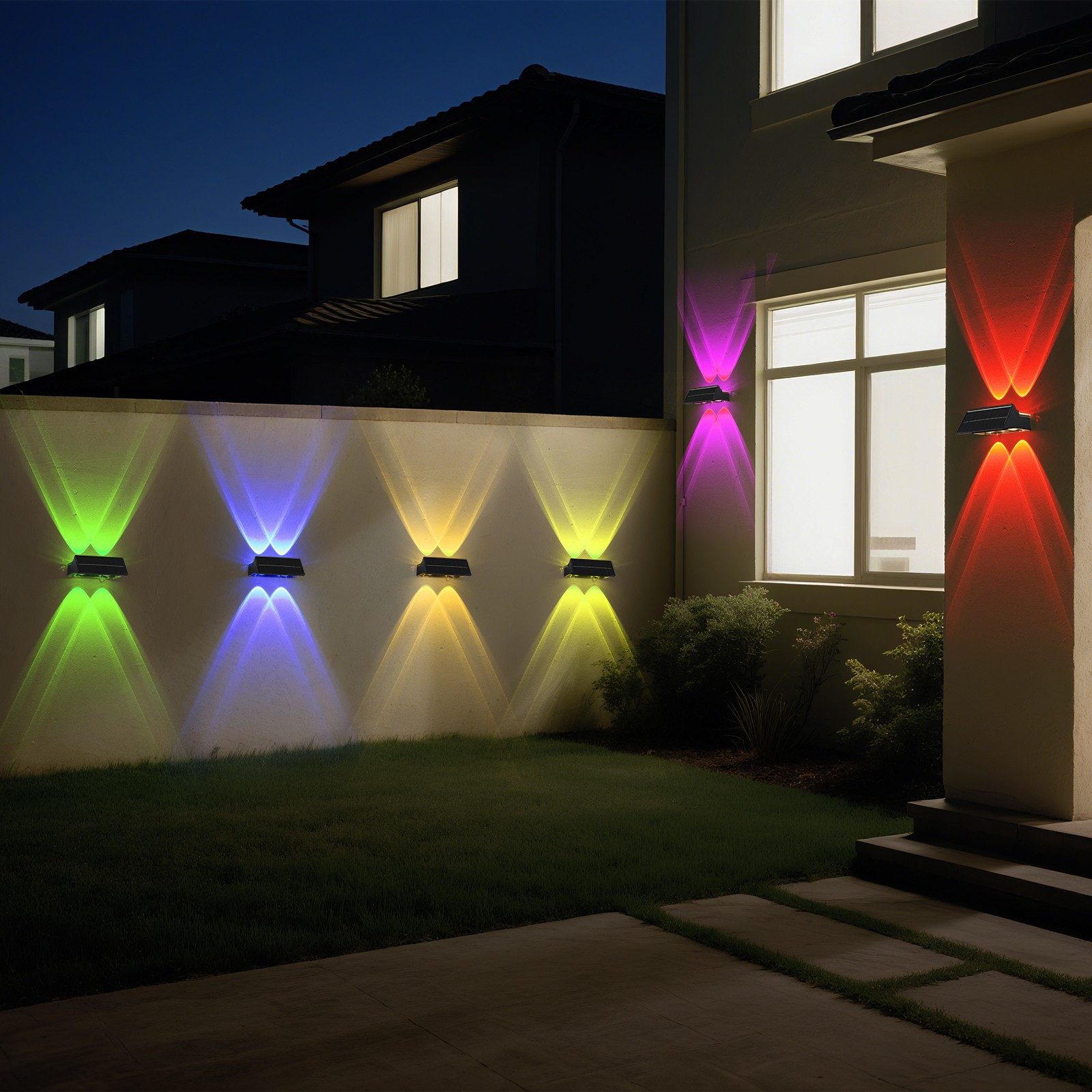 oyajia LED Außen-Wandleuchte 2/4 st Solar Wandleuchte Aussen, RGB Einstellbar Solarlampen für Außen, LED fest integriert, RGB, RGB 9 Farben Solarleuchte für Zaun Wand Terrasse Garten Balkon Deko