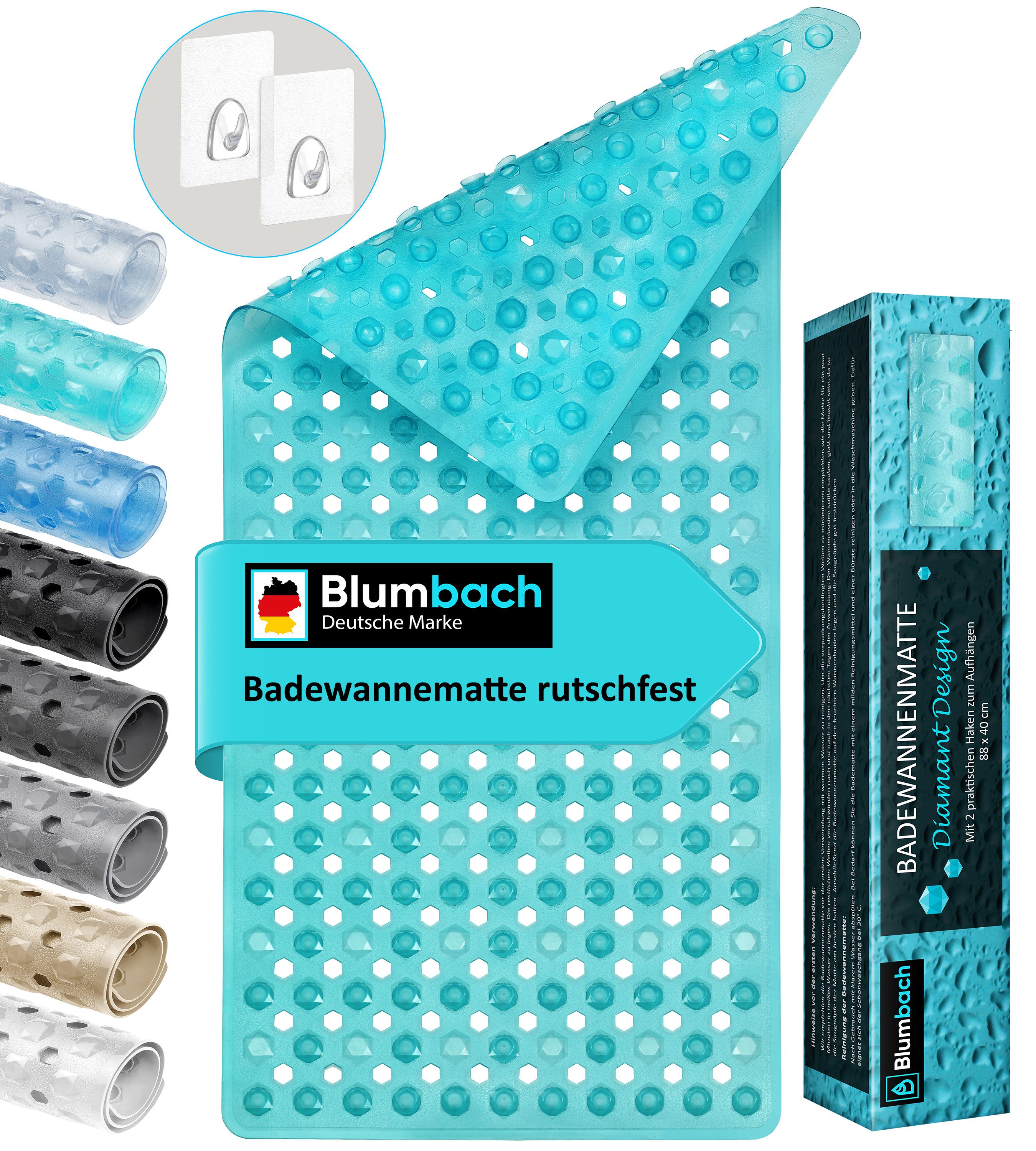 Blumbach Wanneneinlage Badewannenmatte rutschfest, Packung, inklusive 2 Klebehaken, rutschhemmend, mit Saugnäpfen, pflegeleicht