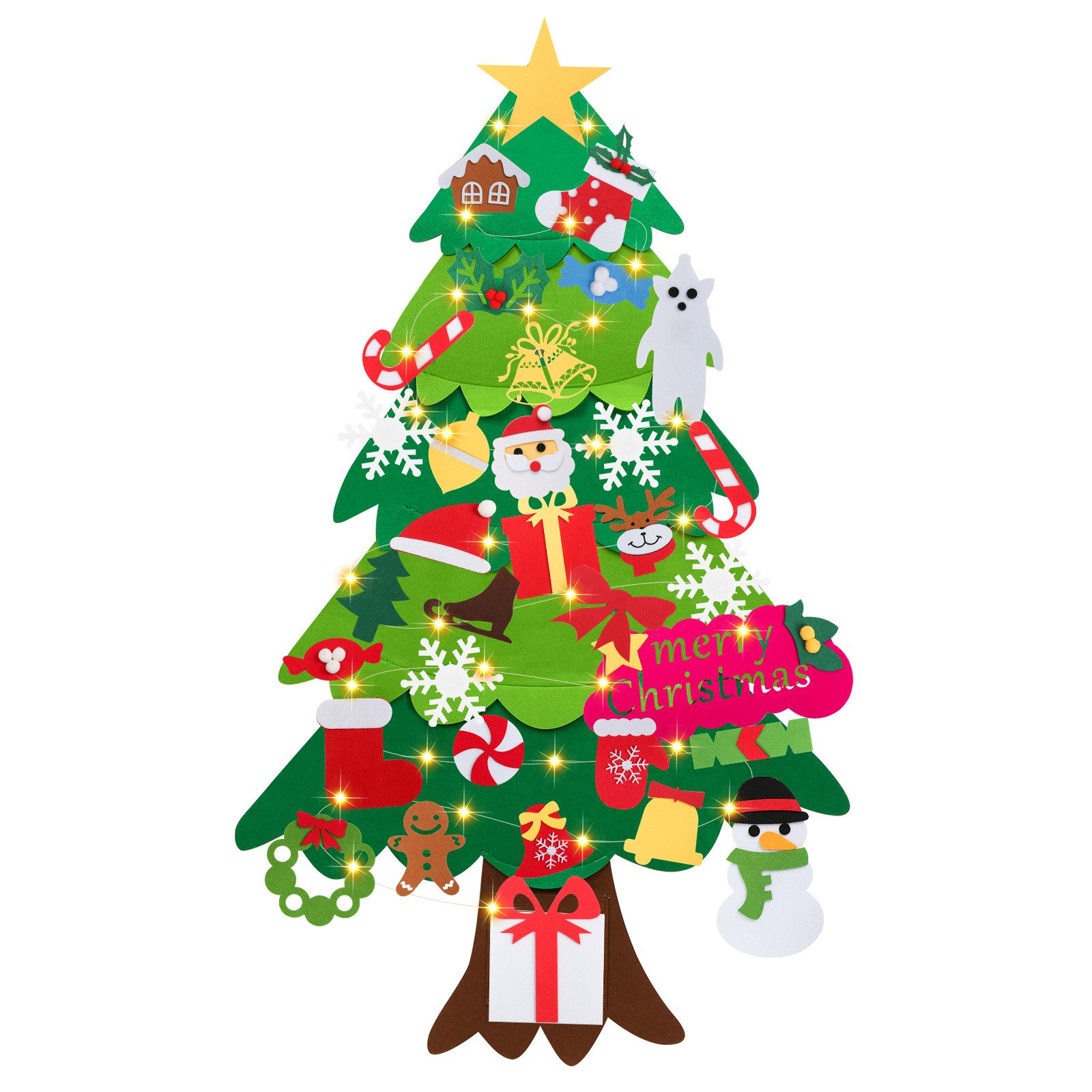 Clanmacy Künstlicher Weihnachtsbaum DIY Filz Weihnachtsbaum mit 105cm LED Lichterkette,warmweiß