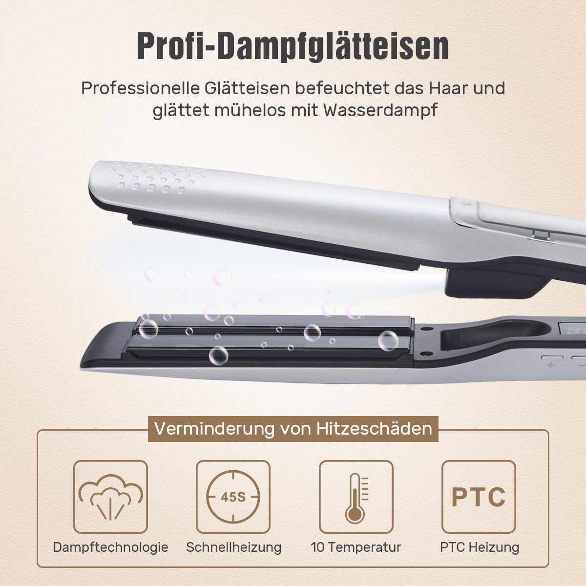 UKLISS Dampfglätter Profi Dampfglätteisen, 40 mm breite Keramikplatten mit LCD-Display, 65 W, Temperaturregelbar 100–230 °C, Dampftechnologie zum Haarschutz