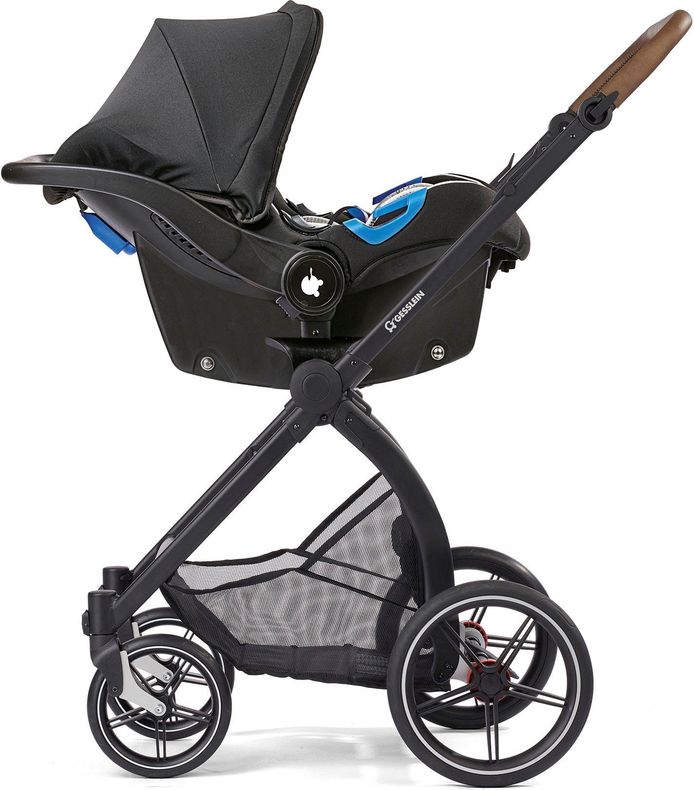 Gesslein Kombi-Kinderwagen FX4 schwarz/cognac, Babywanne Babyschalenadapter C3 Aufsatz mit mit und Style, Soft