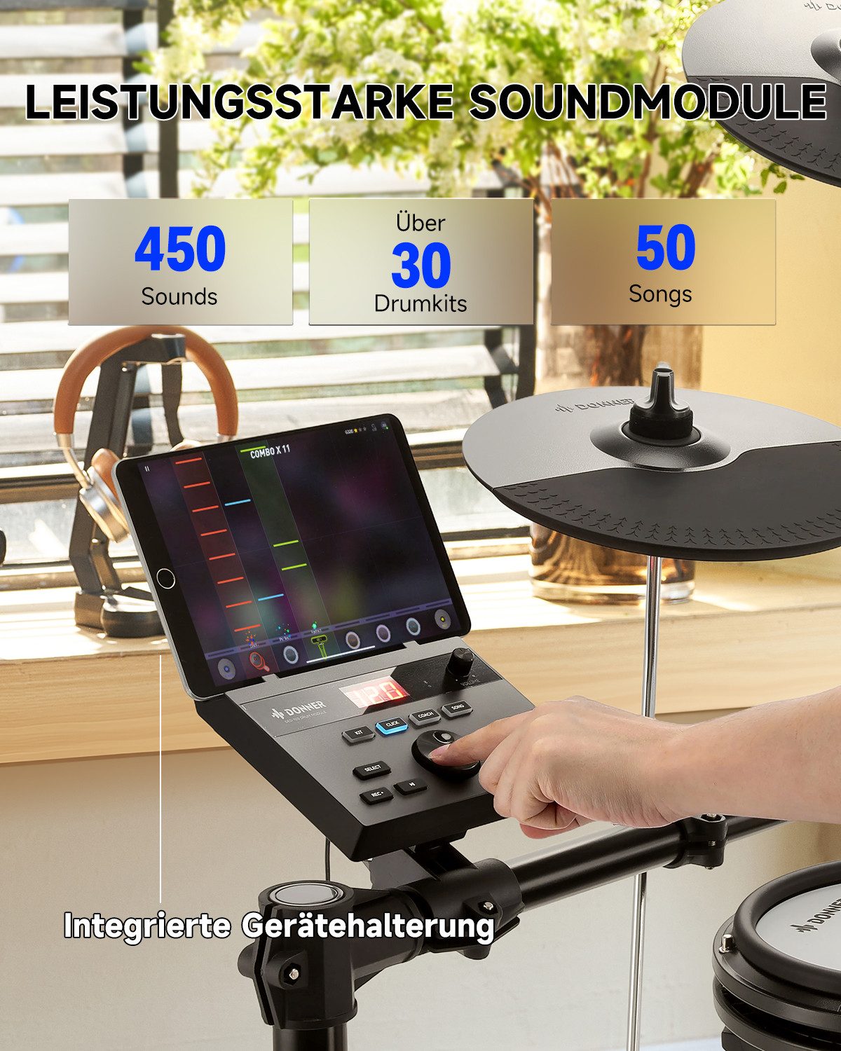 Donner E-Drum DED-100 Bluetooth 450 Sounds, 30 Drumkits Mesh-Fell, Hocker Kopfhörer,Set, Sitzhocker, Kopfhörer, Drumsticks, Bluetooth, 450 Sounds, über 30 Drum-Kits, zusammenklappbar