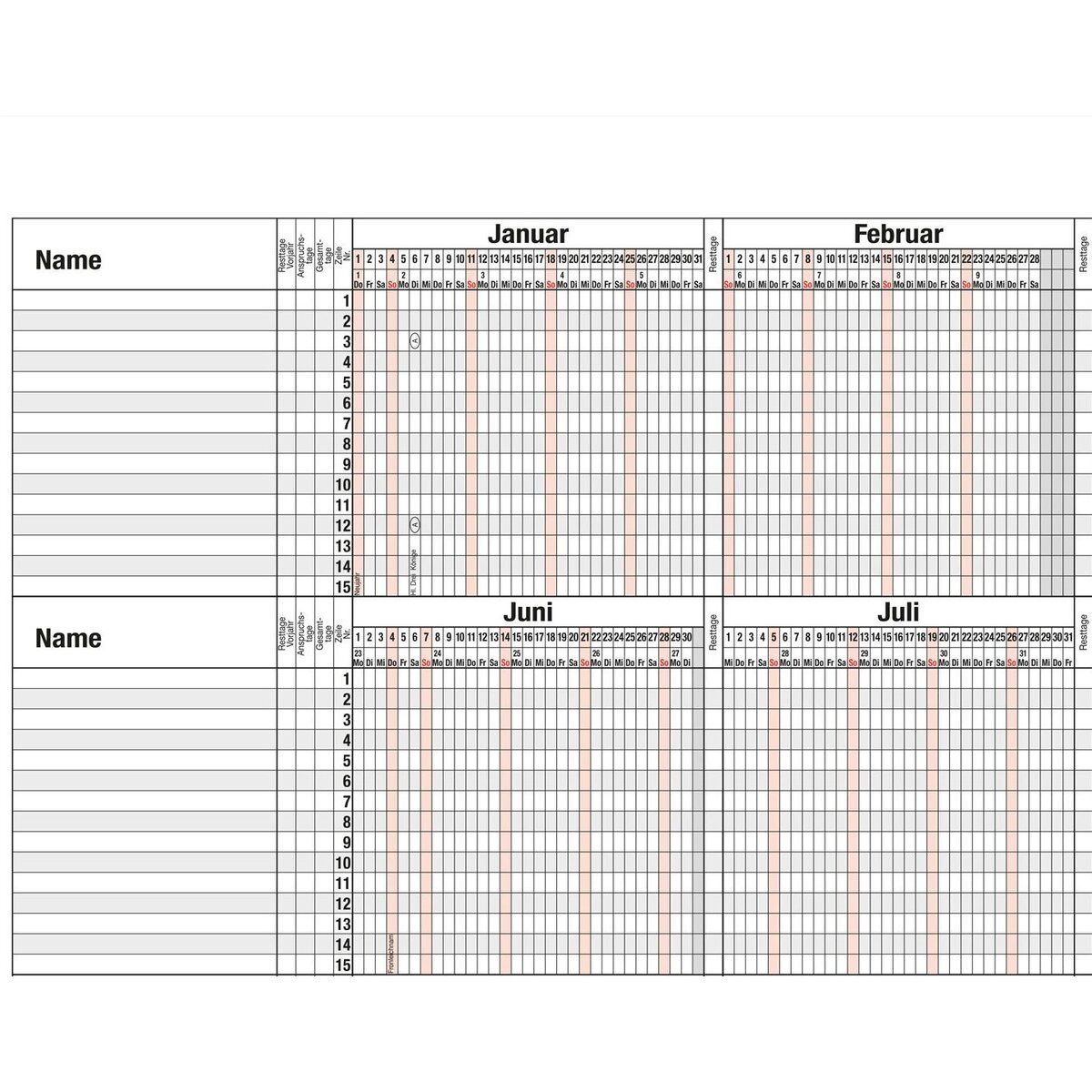 GÜSS Kalender Jahresplaner Urlaubsübersicht 30x46cm für 15 Mitarbeiter Kalendarium 2027