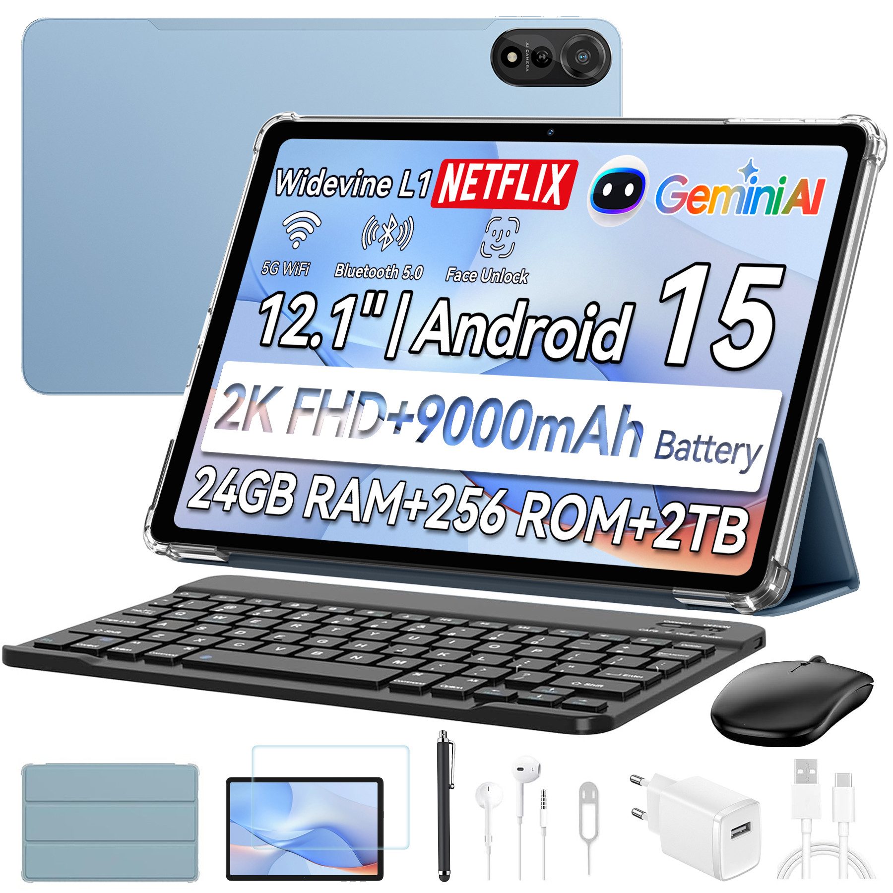 blackview Mega2 256GB 4G incl. Stift, Maus, Tastatur, kabelgebundenes Headset Tablet (12", 256 GB, 4G (LTE), 2.4K, 120 Hz Display, Android 15, 9000mAh, LTE)