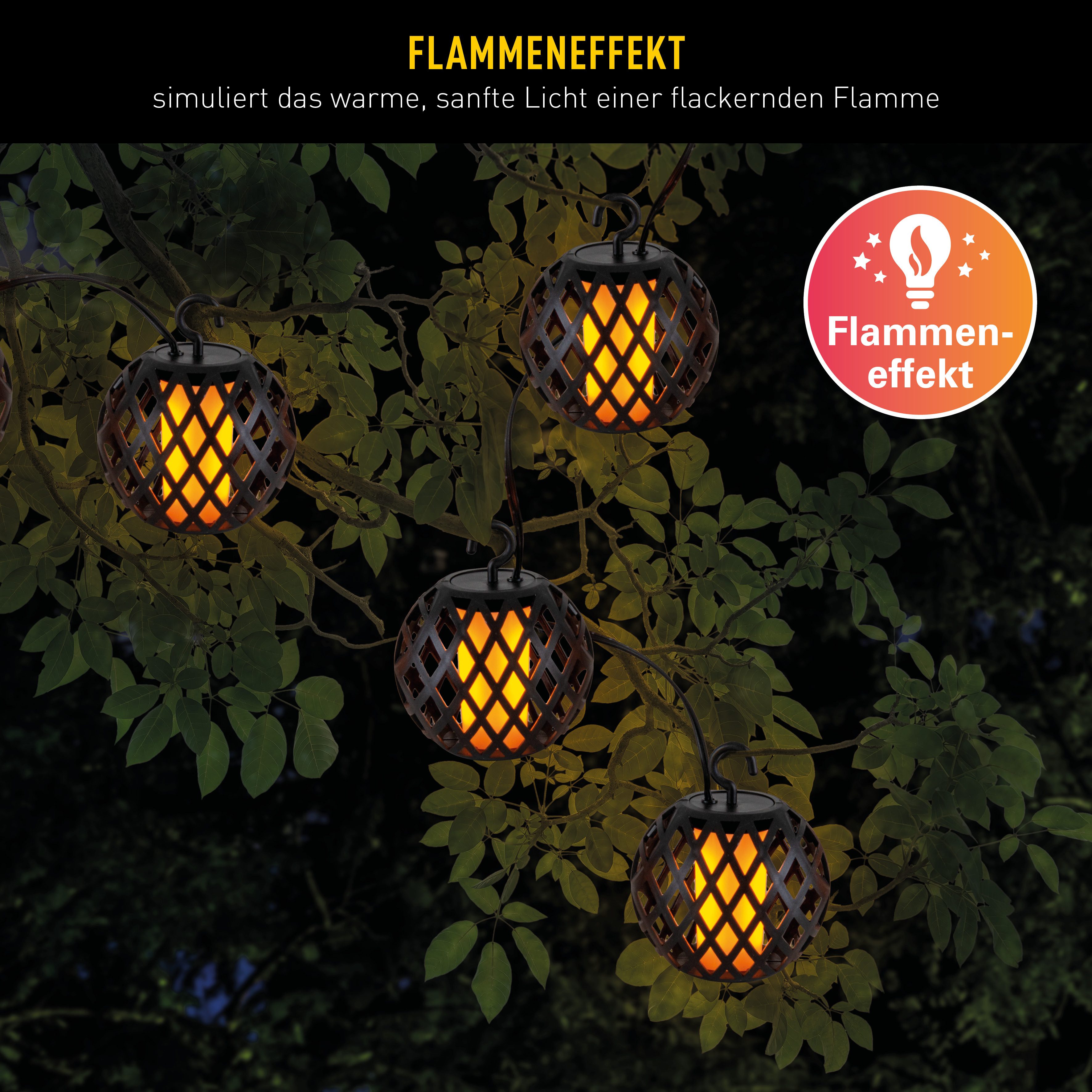 näve LED Solarleuchte Fogo, Tageslichtsensor, LED fest integriert, Warmweiß, Lichterkette,10 Kugeln, Flammeneffekt, Dämmerungssensor, LED warmweiß