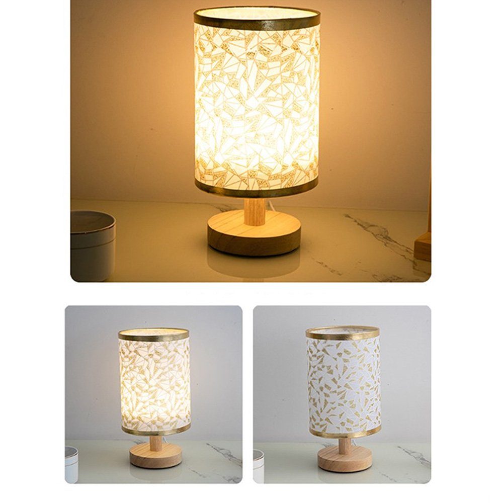 Dekorative Holz, das Stoff, Vintage Nachttischlampe aus für Sockel Dekorative dimmbar LED aus Schirm Tischlampen, Lampen Wohnzimmer,