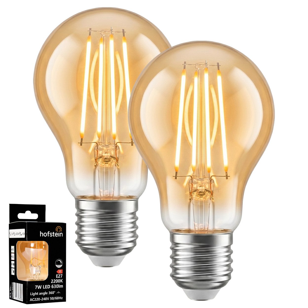 hofstein LED-Leuchtmittel 2er Set Glühbirne Extra Warmweiß dimmbar 7 Watt, E27, 2200 Kelvin, 630 Lumen, Klassisch, Filament, Amber