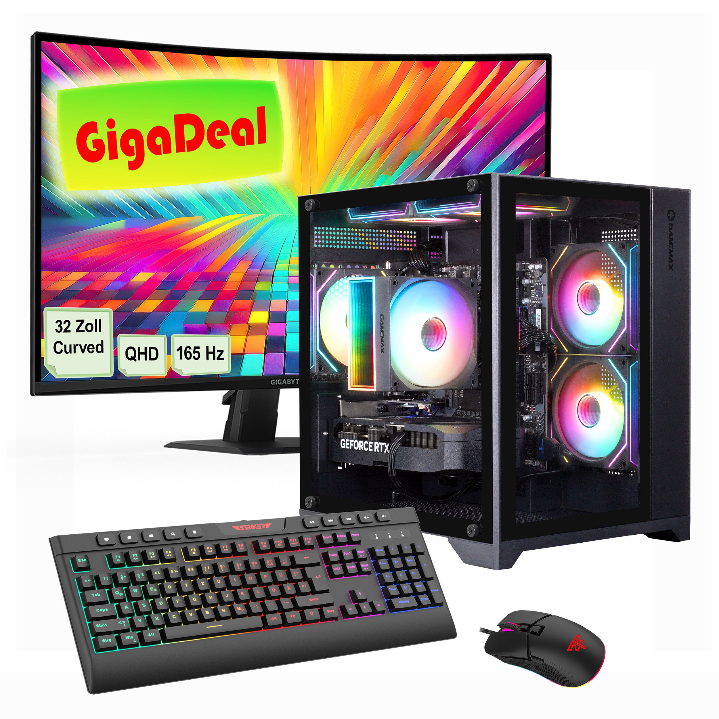 GAMEMAX GigaDeal Infinity Mini 2575 Ryzen 5 7500F RTX 5070 32GB DDR5 1TB SSD PC-Komplettsystem (32", AMD Ryzen 5 7500F, RTX 5070, 32 GB RAM, 1000 GB SSD, Windows 11 + Gigabyte GS32QC LED-Monitor Curved, 80 cm (32)