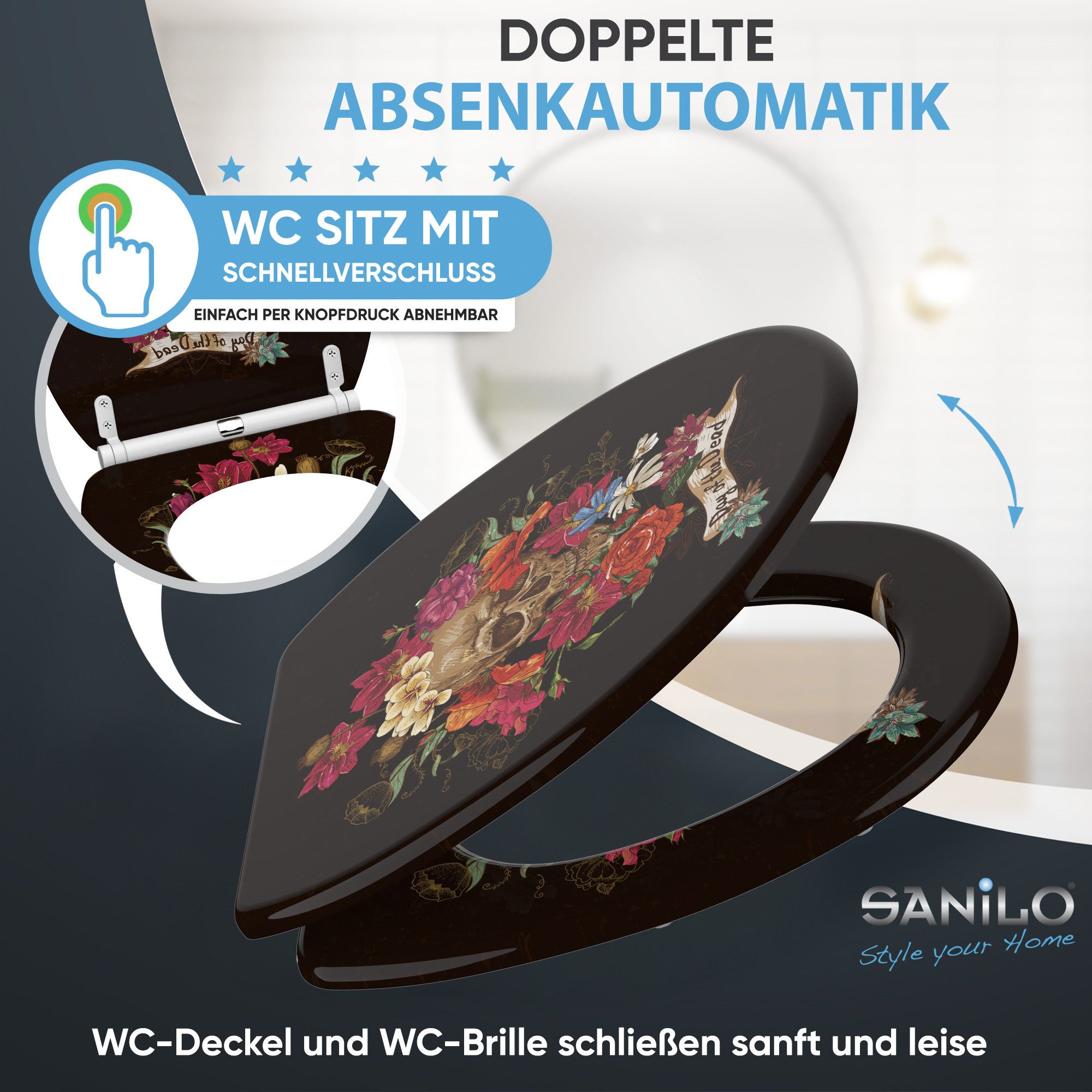 Sanilo WC-Sitz Day of the Dead mit Absenkautomatik & Quick Release, Premium Toilettendeckel, abnehmbar, leichte Montage von oben – Bild 3 von 5