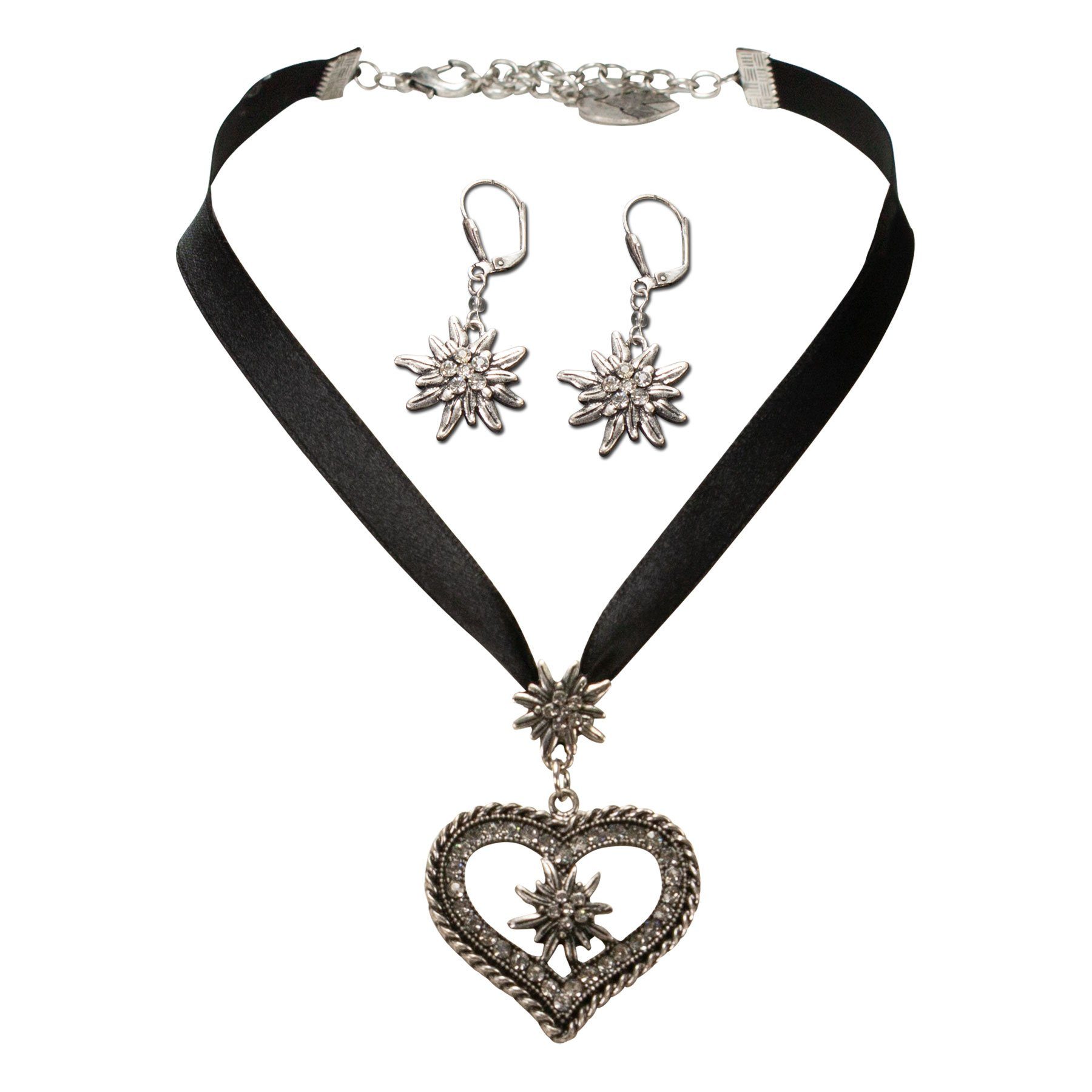 Ketten-Set Trachtenschmuck-Set Satin-Trachtenkette Strassedelweissherz und Trachten-Ohrhänger Strass-Edelweiss (schwarz)