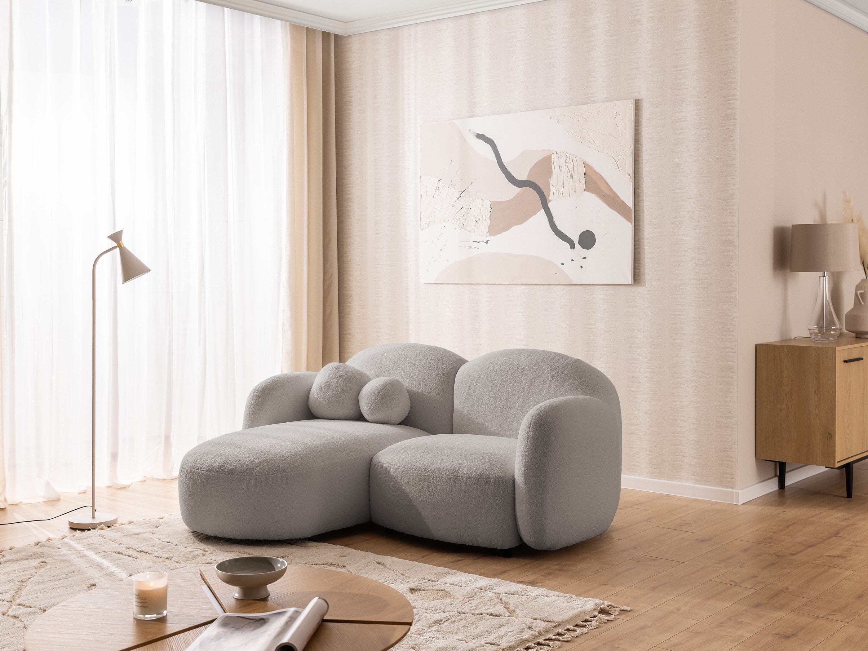 S-Style Möbel Ecksofa Nuvola aus Bouclé-Stoff mit abgerundetem Design und hohem Sitzkomfort, mit Wellenfederung