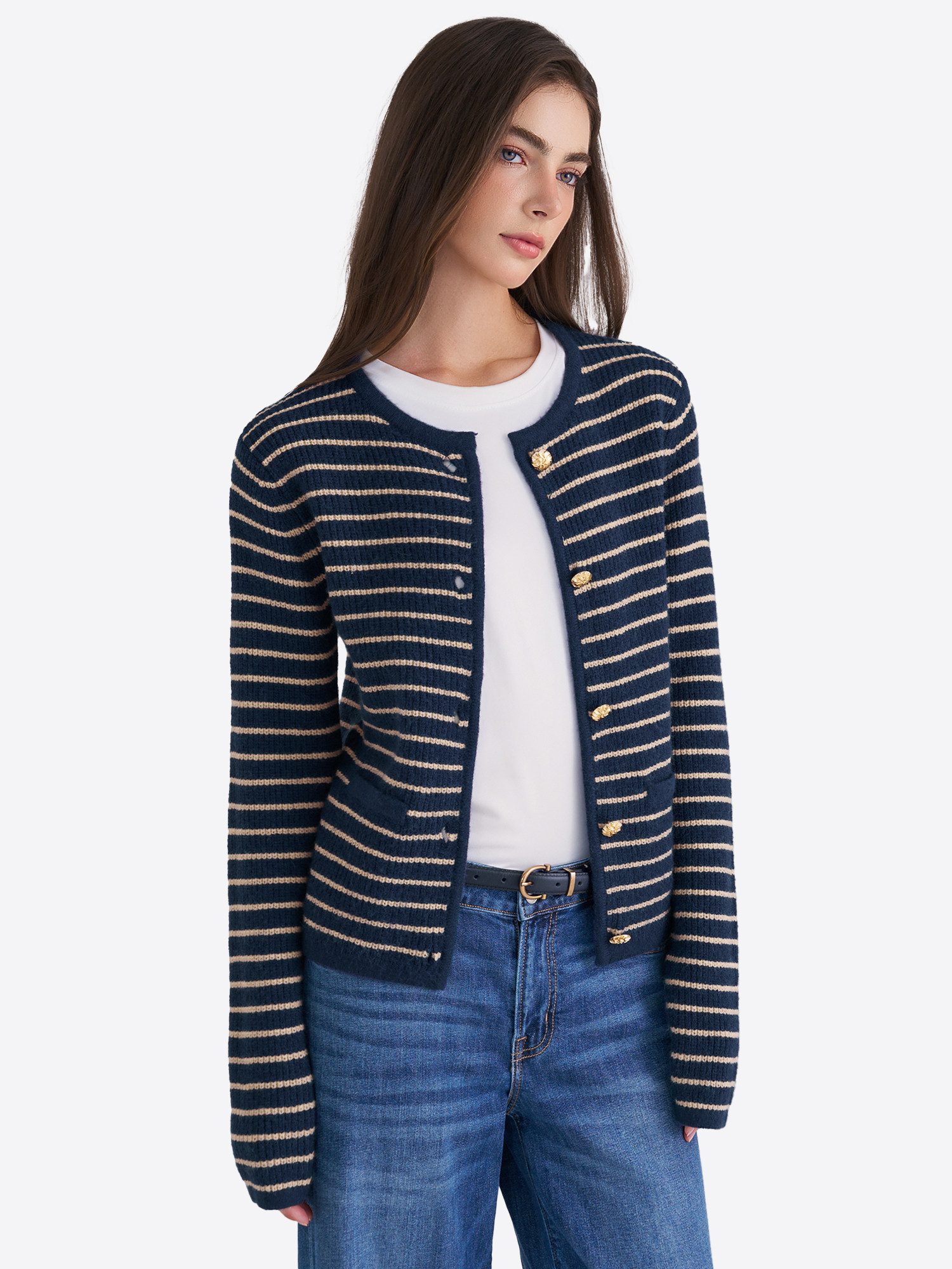 Imily Bela Cardigan Damen Gestreifter Strickcardigan (Packung, 1-tlg., 1per-Pack) mit Knöpfe