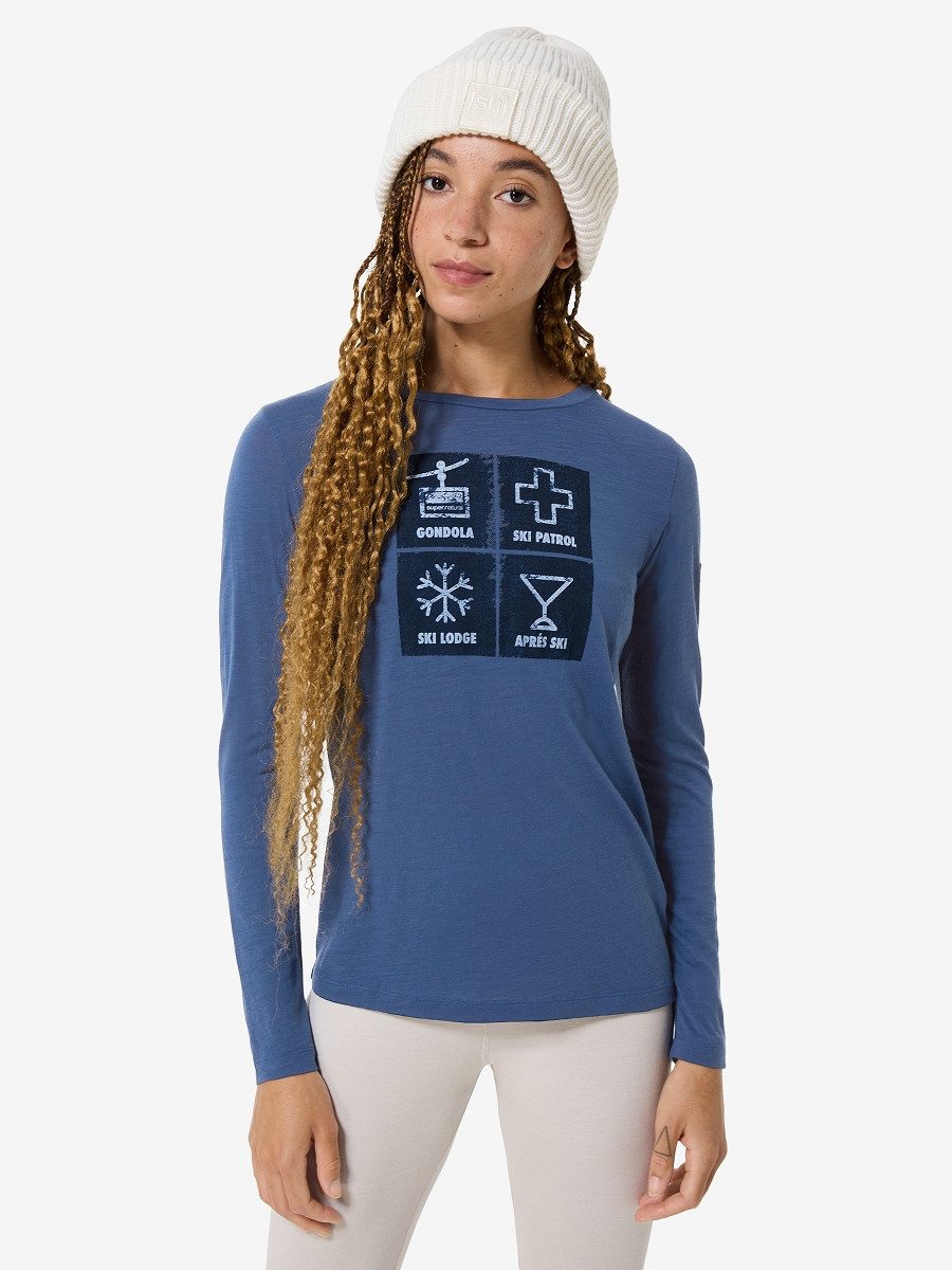 SUPER.NATURAL Langarmshirt für Damen, Merino W SWISS LODGE LS mit Ski-Motiv, atmungsaktiv