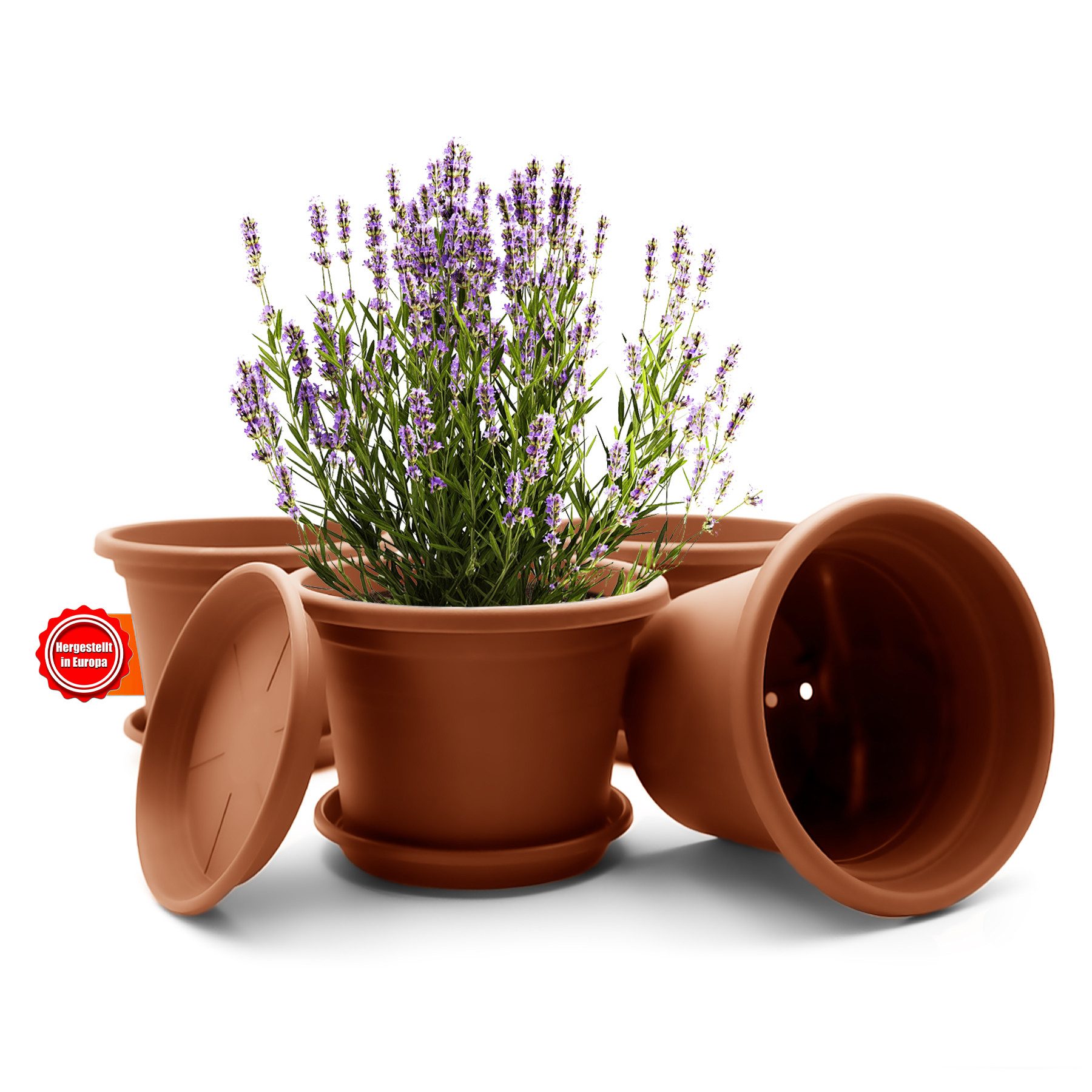BigDean Blumentopf 4 Stück Pflanzkübel mit Untersetzer rund ø 25 cm Terracotta (Set, 4 St., Pflanztopf), Zeitloses Design, Mit Untersetzer, Hochwertiges Material, Wetterfest