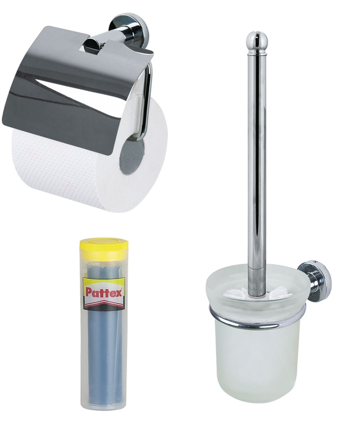 spirella Badaccessoires-Sets ATLANTIC, Badezimmer u. Toiletten Set zur Wandmontage, Glas / Metall, 3 tlg., bestehend aus: WC-Bürste, Toilettenpapierhalter, PATTEX Klebeknete