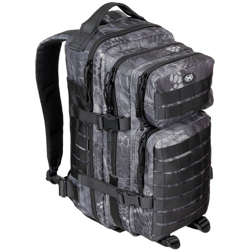 US Rucksack, (Packung) I, MFH Assault black HighDefence snake Wanderrucksack