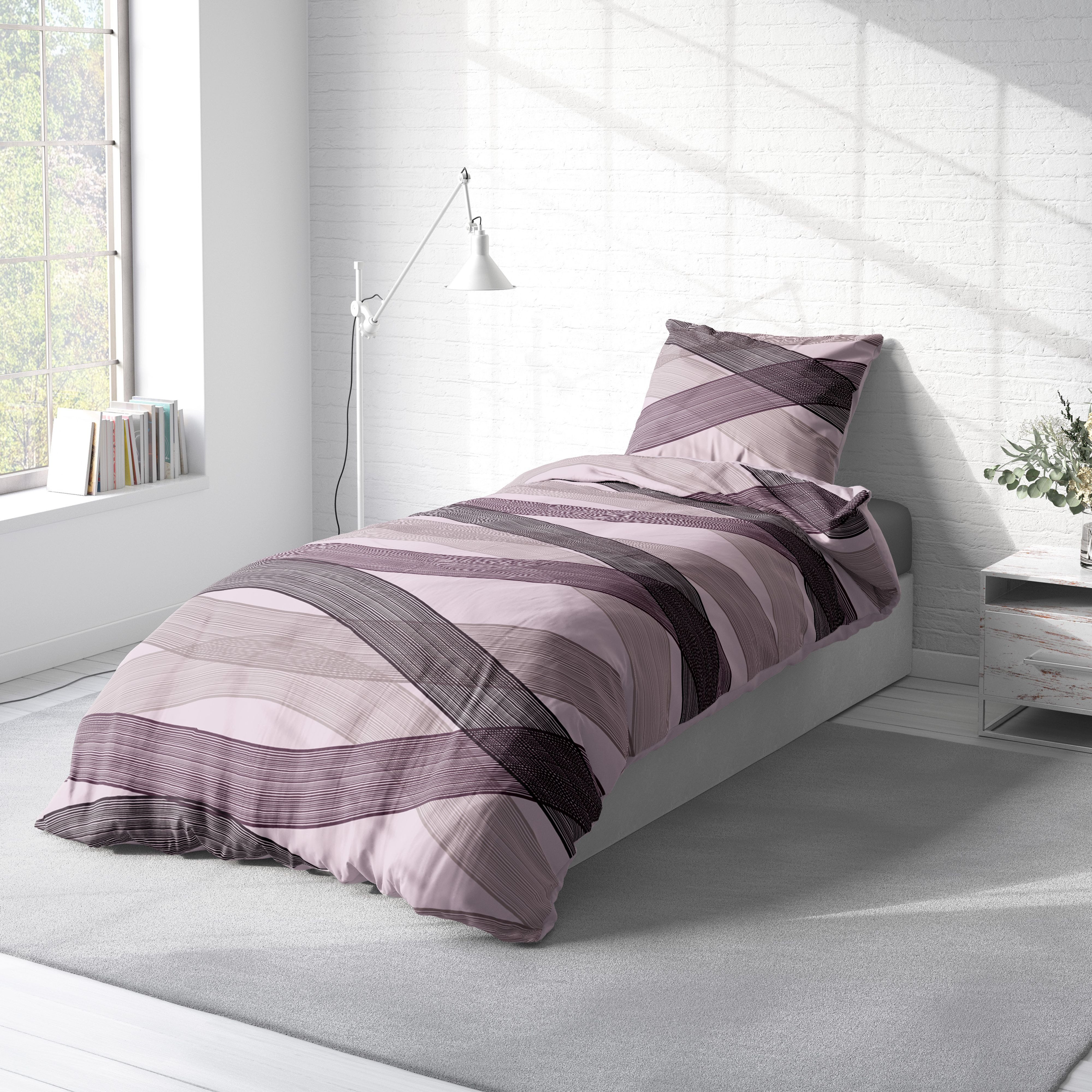 One Home Bettwäsche Winter, Flanell, 2 teilig, modern geschwungen, kuschelig flauschig warme weiche Baumwolle Biber