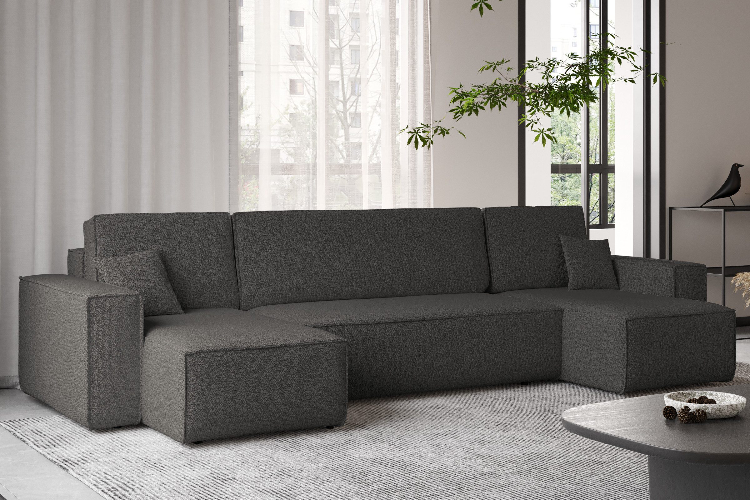 yourhouse24 Wohnlandschaft Gepolstertes KARL U-Form, Cord&Bouclé-Stoff, mit Schlaffunktion und Bettkasten, Seite universal