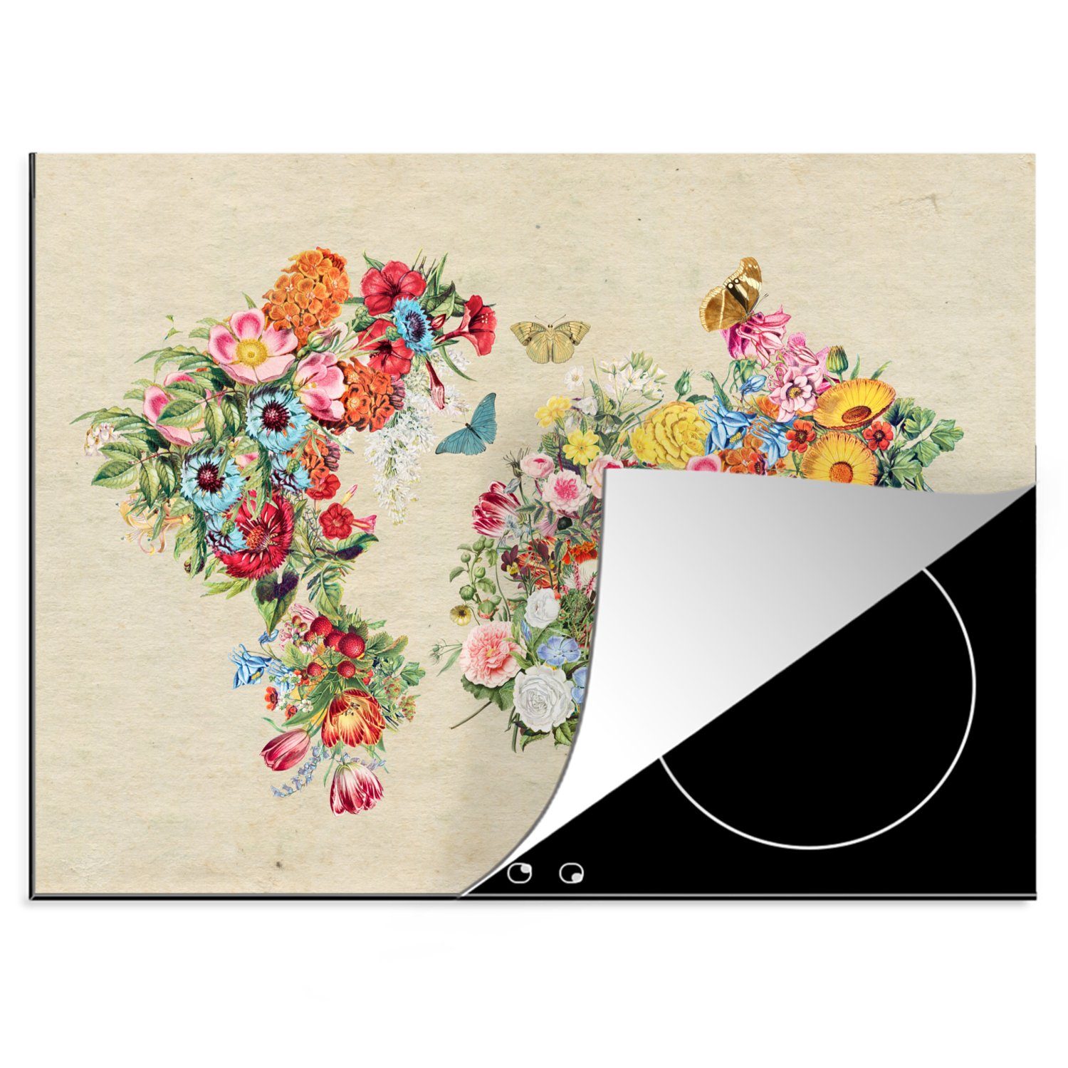 Ceranfeldabdeckung Weltkarte (1 Blumen, MuchoWow Vinyl, Arbeitsfläche tlg), nutzbar, - Vintage Mobile cm, 70x52 Herdblende-/Abdeckplatte -