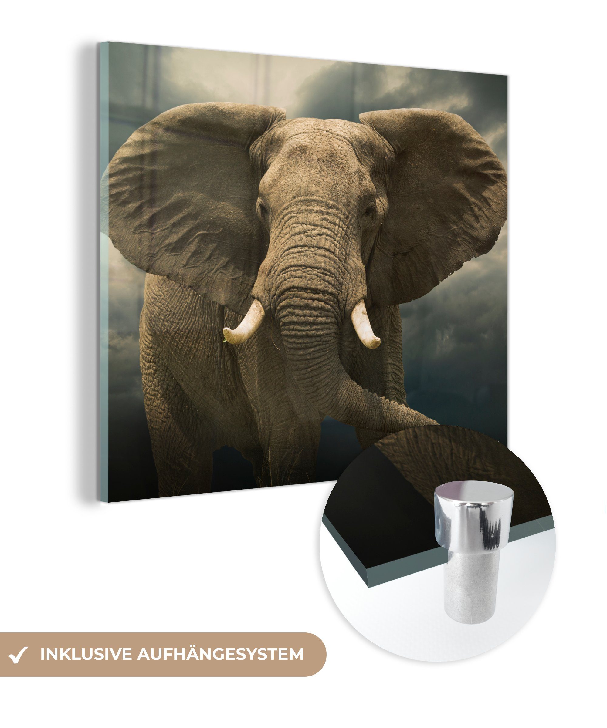 MuchoWow Acrylglasbild Afrikanischer Elefant gegen die dunklen Wolken, (1 St), Glasbilder - Bilder auf Glas Wandbild - Foto auf Glas - Wanddekoration bunt