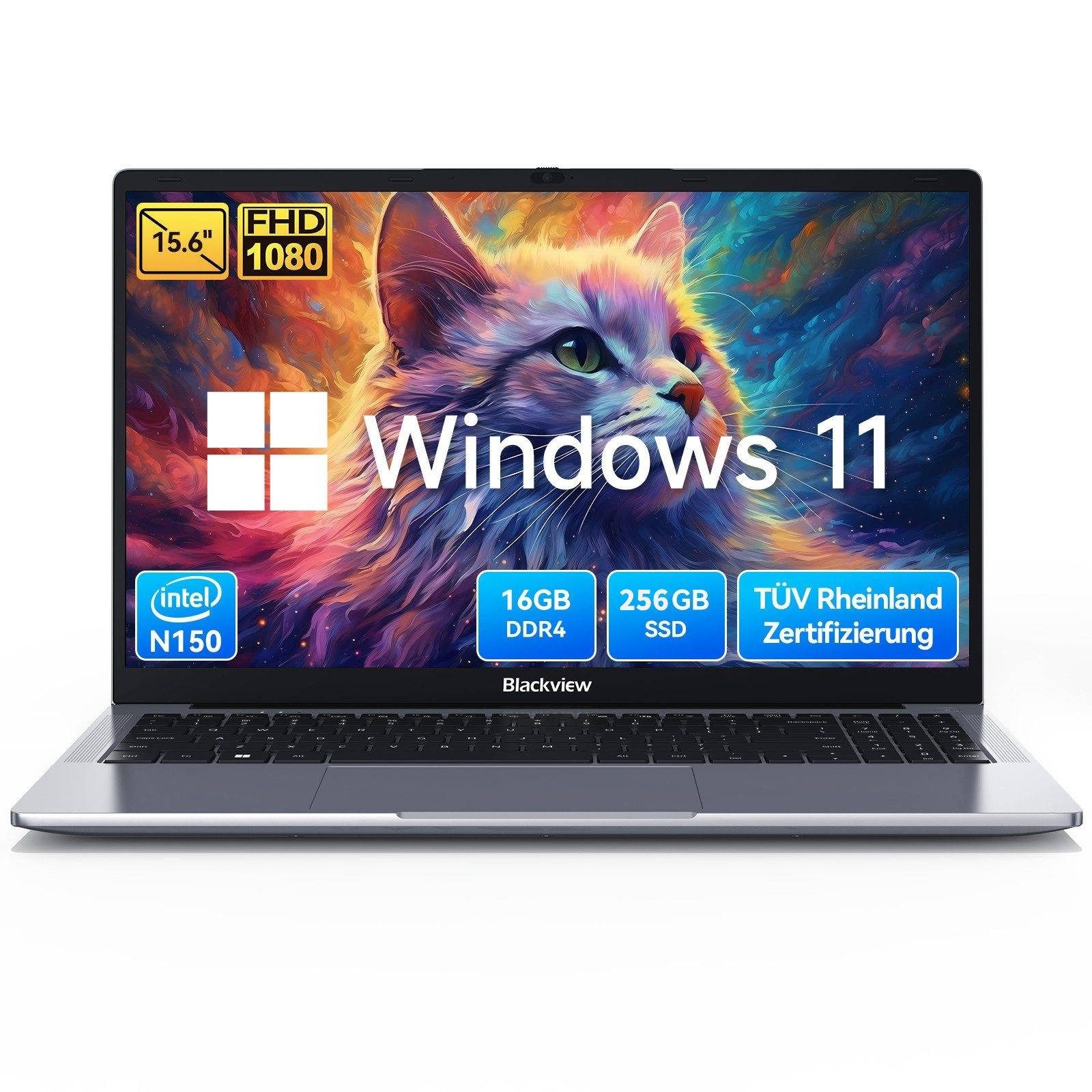 blackview Intel N150 15.6" FHD Laptop 256/512GB Win 11 Notebook (Intel N150 Intel Twin Lake N150, 16 GB, 256 GB SSD, 180° Drehung/Low Blue Light-Zertifizierung/Deutsche Tastaturaufkleber)