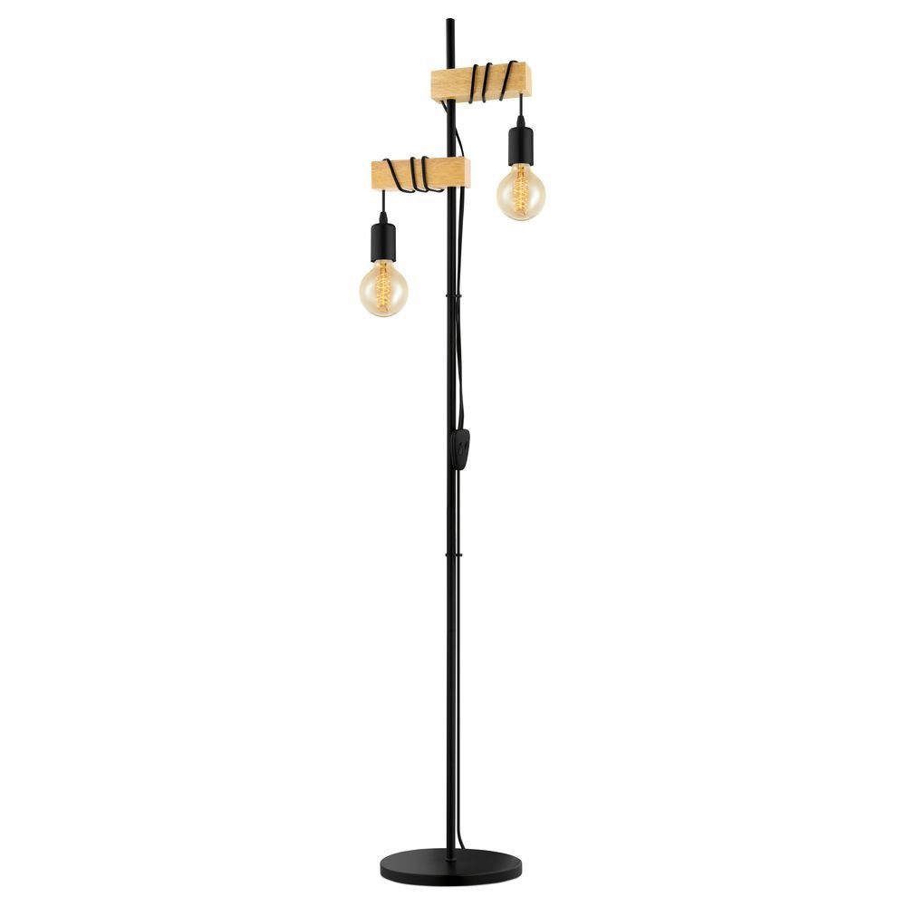 click-licht Stehlampe Vintage Stehleuchte aus Stahl und Holz in Schwarz 2xE27 mit Schalter, keine Angabe, Leuchtmittel enthalten: Nein, warmweiss, Stehlampe, Standlampe