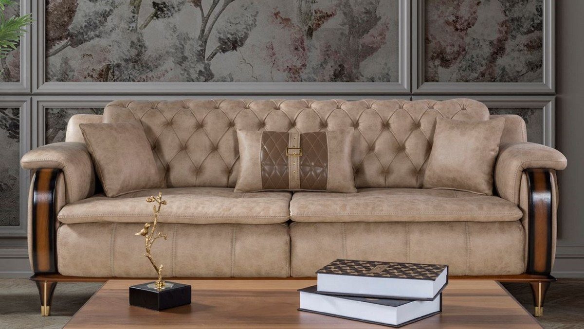 Casa Padrino Chesterfield-Sofa Luxus Chesterfield Schlafsofa Beige / Braun / Schwarz / Gold 222 x 98 x H. 80 cm - Modernes Wohnzimmer Sofa - Luxus Wohnzimmer Möbel