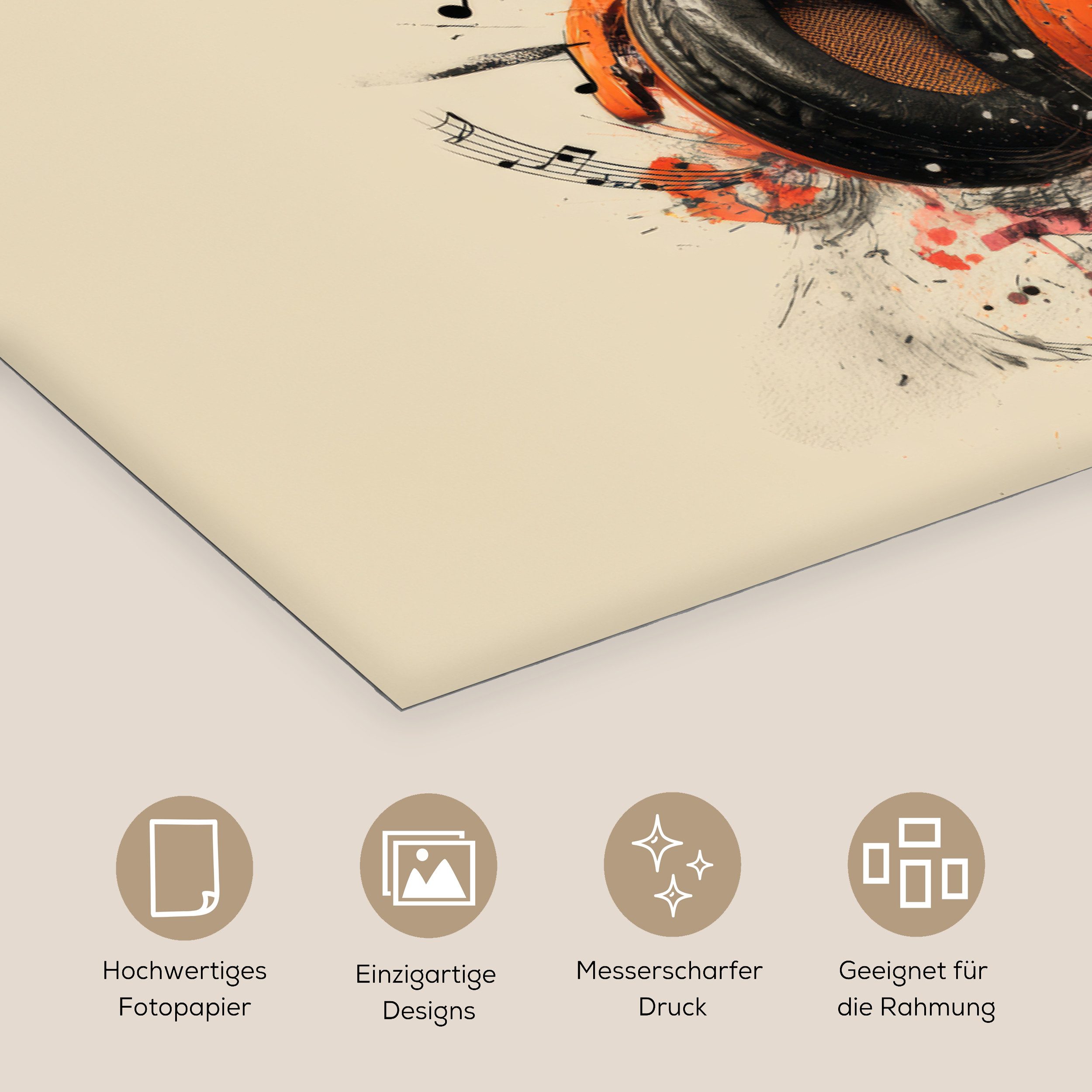 MuchoWow Poster Kopfhörer - Orange - Explosiv, (1 St), Bild für Wohnzimmer, Wandposter ohne Rahmen, Wanddeko, 120x80 cm