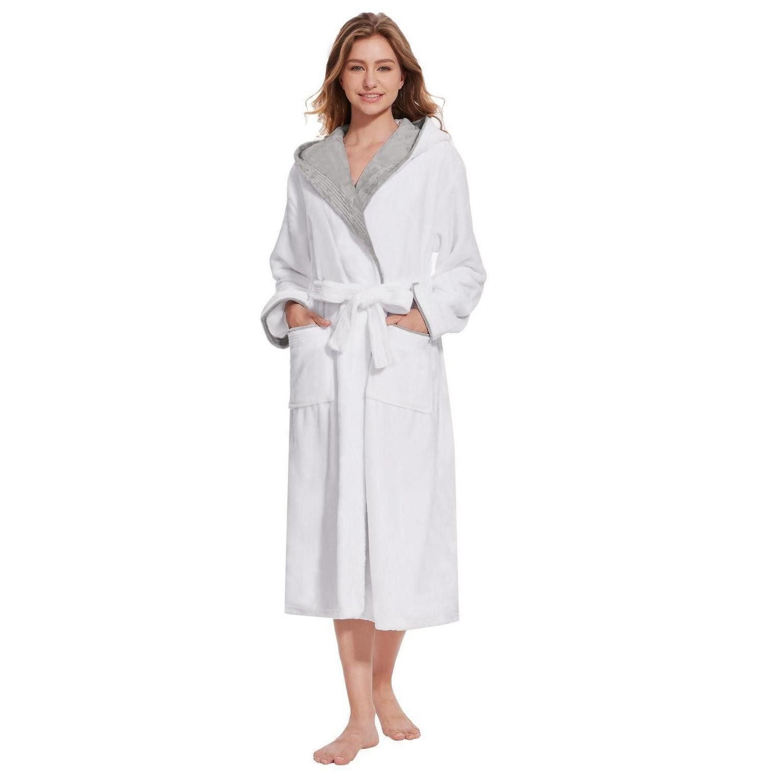LuxusKollektion Damenbademantel Bademantel Damen Flauschig Warm Lang mit Kapuze M Weiß, Textil, Kapuze