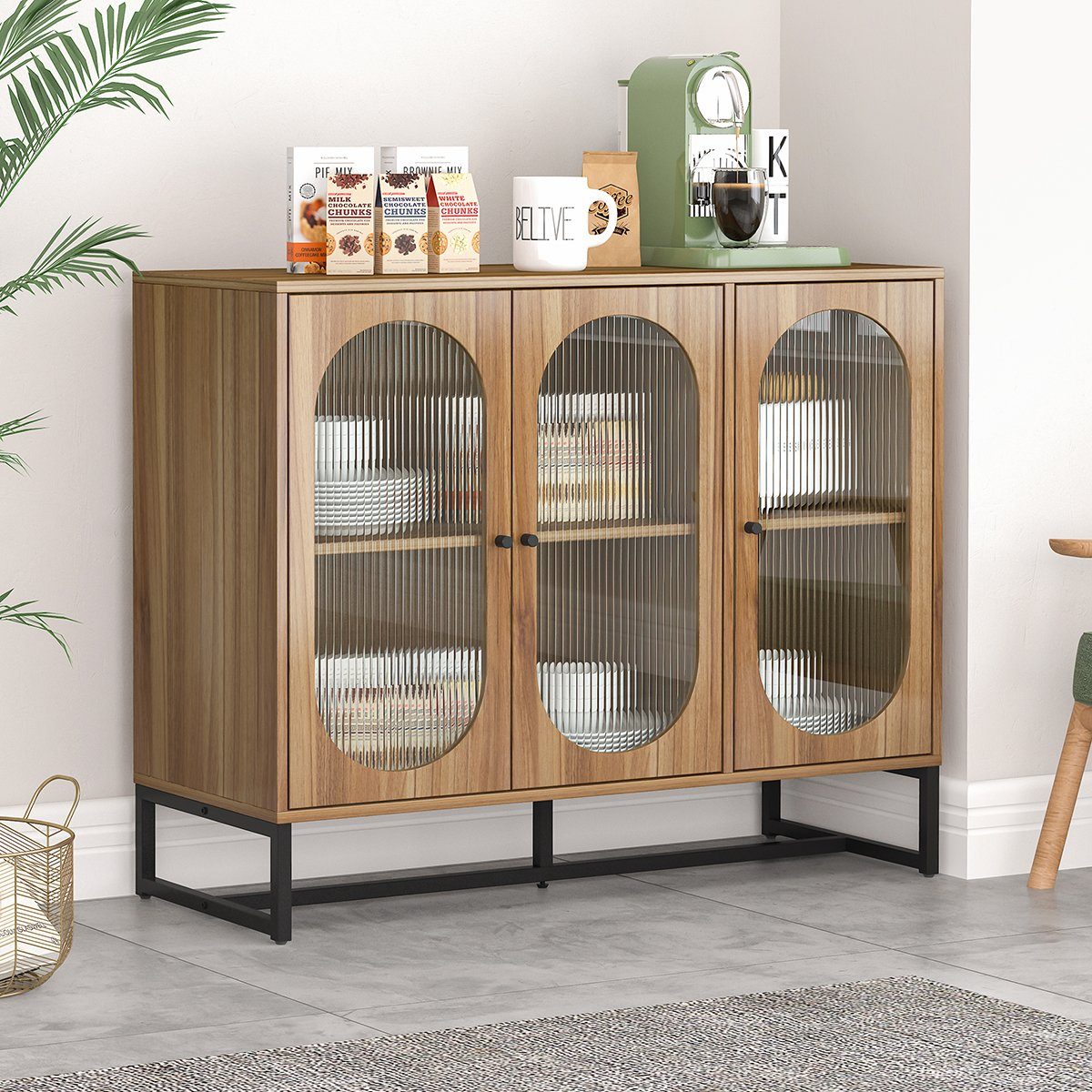 Sideboard (Kommode), Küchenschrank mit Glastüren, verstellbaren Ablage, 103 x 40 x 83.5 cm
