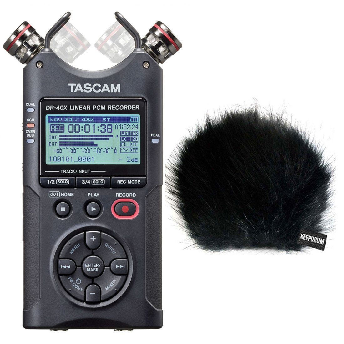 Tascam DR-40X Stereo Audio-Recorder Digitales Aufnahmegerät (mit Fell-Windschutz)