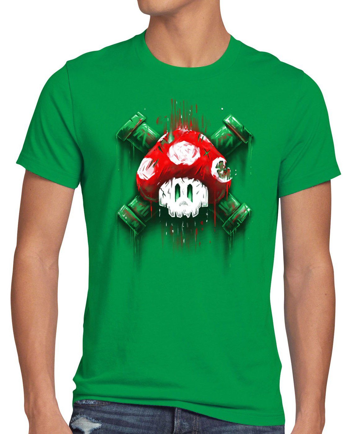 style3 Print-Shirt Herren T-Shirt Mario Totenkopf videospiel super world switch snes n64 nintendo grün