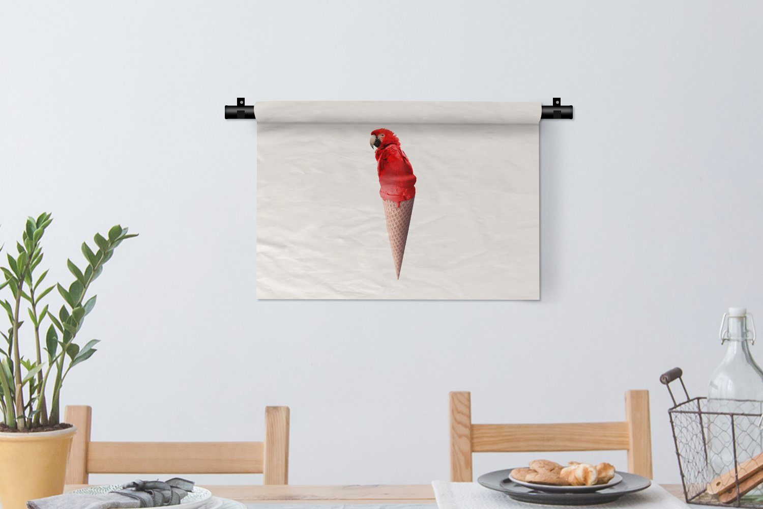 MuchoWow Wanddekoobjekt Wohnzimmer, Papagei Wanddeko - Eistüten Kleid, - Wandbehang, - Schlafzimmer, Kinderzimmer Weiß, - Rot Eiscreme für