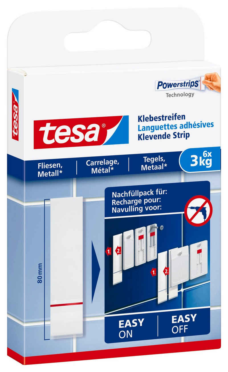 tesa Klebehaken Powerstrips Klebestreifen für Fliesen und Metall, (Packung, 1-St., 6 Stck), Stripes für Fliesen und Metall - 6er Pack - je max. 3 kg