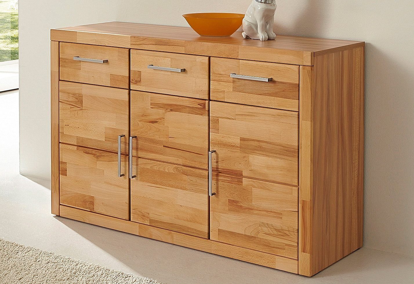OTTO home Sideboard Logo,130cm breit,42 cm tief, Fronten Massivholz,2 breite Fächer, Holz massiv, Holzwerkstoff, Metall Griffe,3Türen,3Schubladen