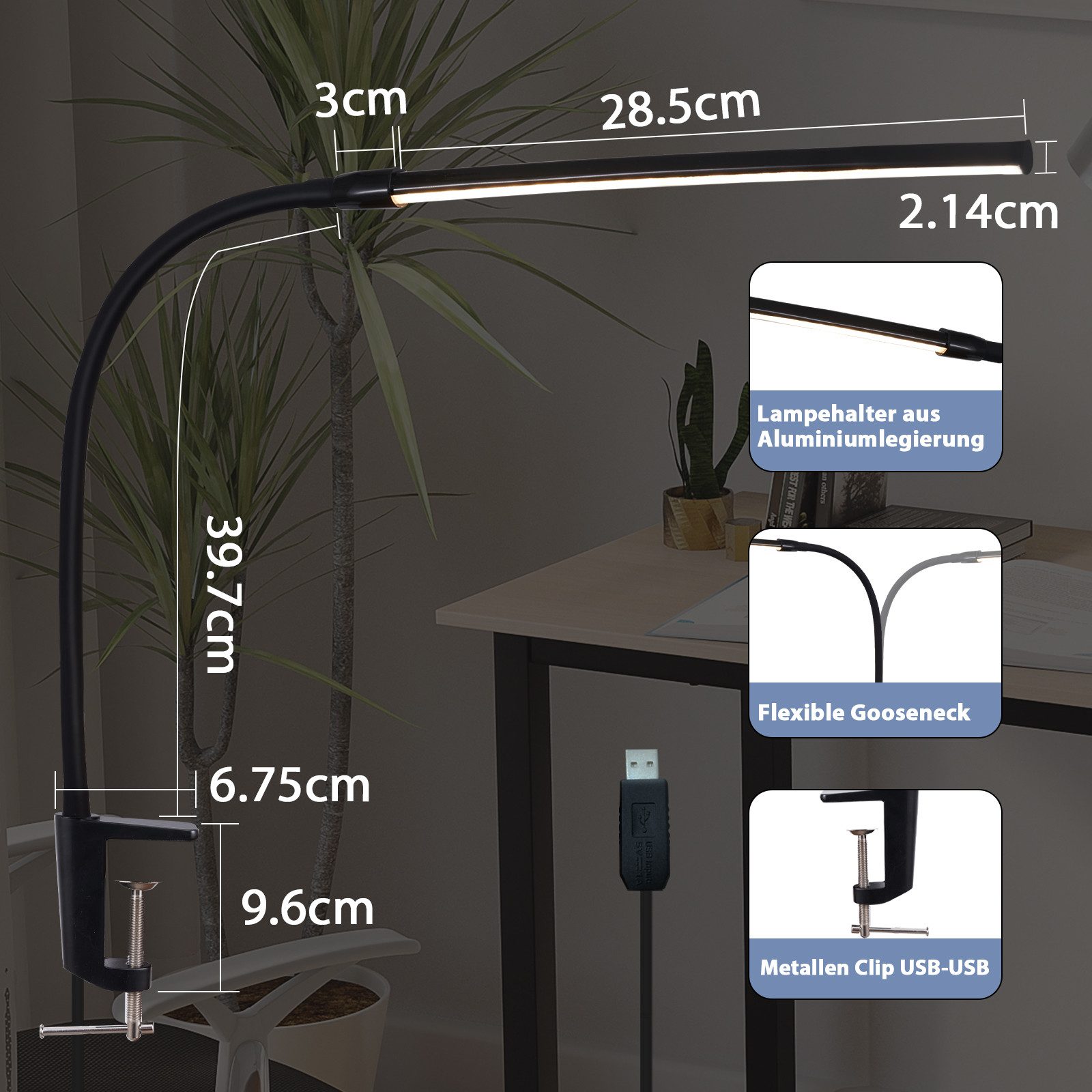 ZMH LED Klemmleuchte USB-Schreibtischlampe 5 W, 3 Farbtemperaturen, 5 Helligkeitsstufen, LED fest integriert, Warmweiß-Neutralweiß-Kaltweiß, Arbeitsplatzleuchte – Bild 4 von 5