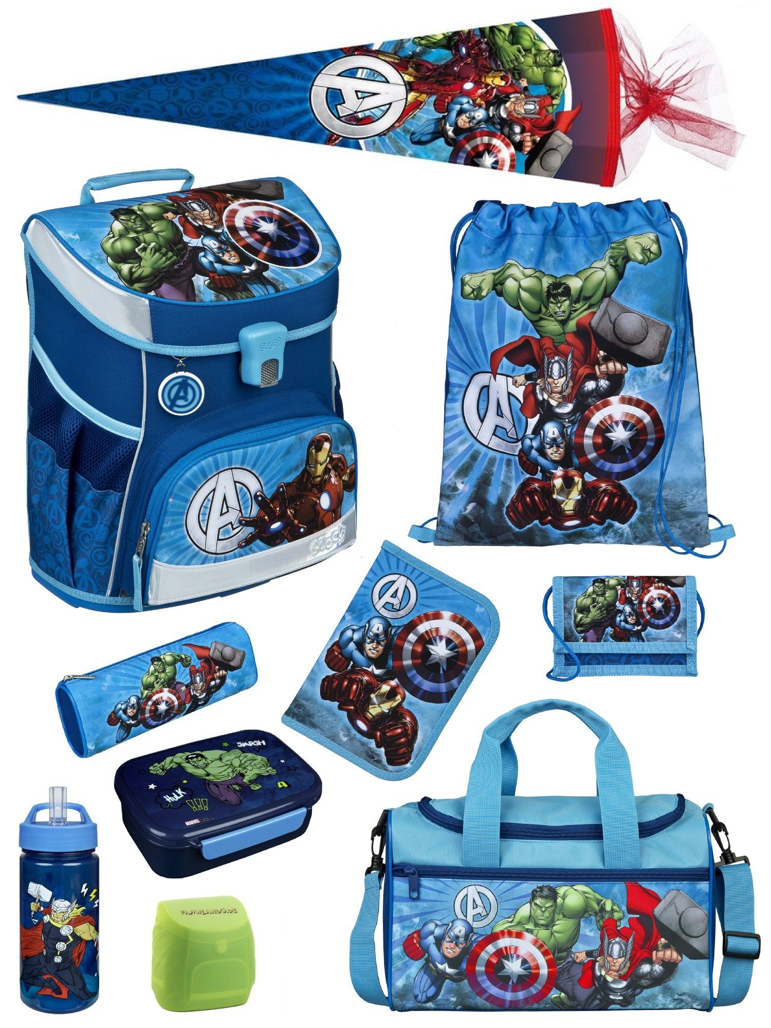 Scooli Schulranzen Campus Fit Avengers Schultasche, ab 1. Klasse, 980 Gramm, 18L Fassung (Erweitertes Set, 10-tlg., mit Lunch-Set, Sporttasche und Schultüte 85cm), leicht, ergonomisch, robust